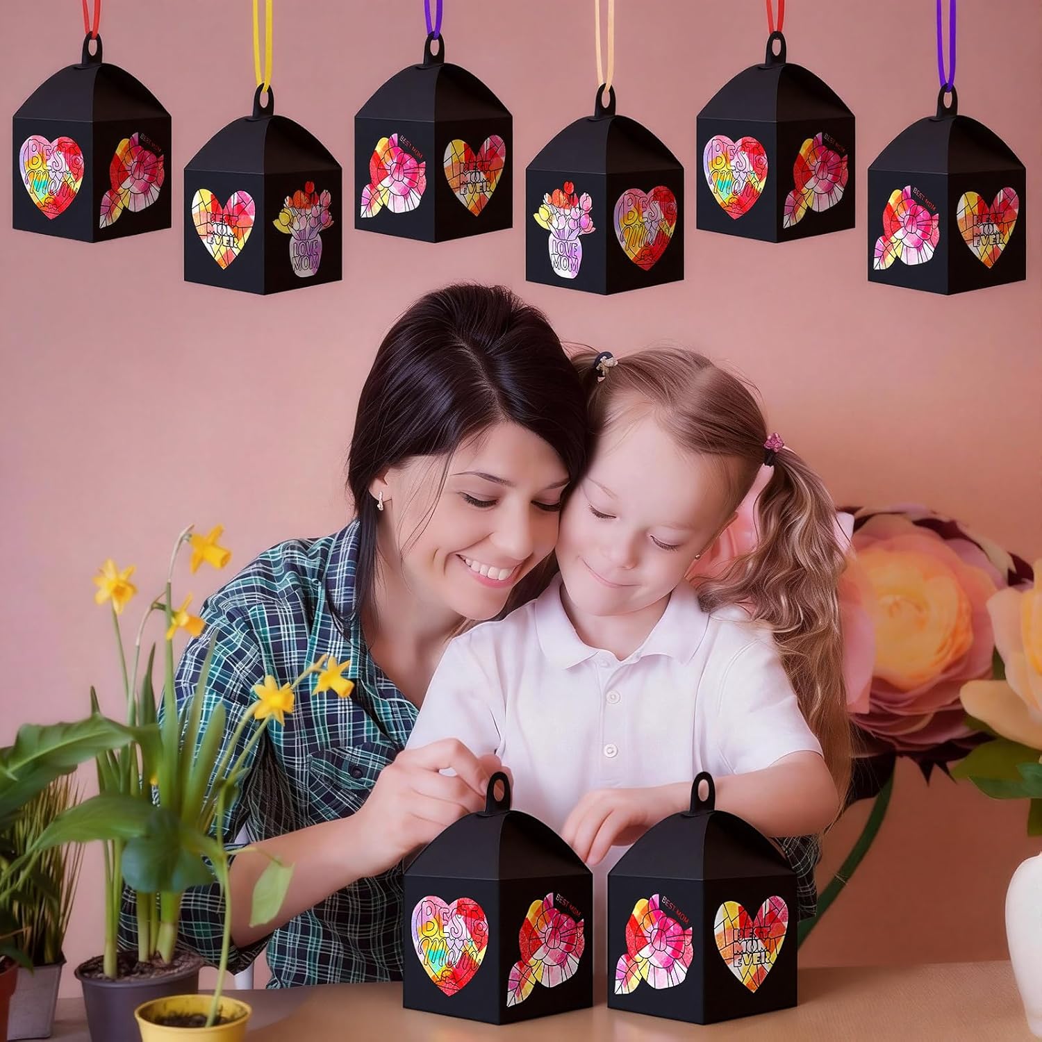 Maitys 16 Sets Mother's Day Paper Lantern Craft Kits, DIY Best Mom Heart Shaped Floral Patterns Lanterns with Colored Tissue Paper for Party Activities Ornaments