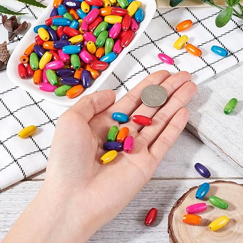 Miniatura 4 de Craftdady 200 cuentas espaciadoras ovaladas de madera natural de 0.591 x 0.276in, colores mixtos, cuentas sueltas de arroz de madera para hacer