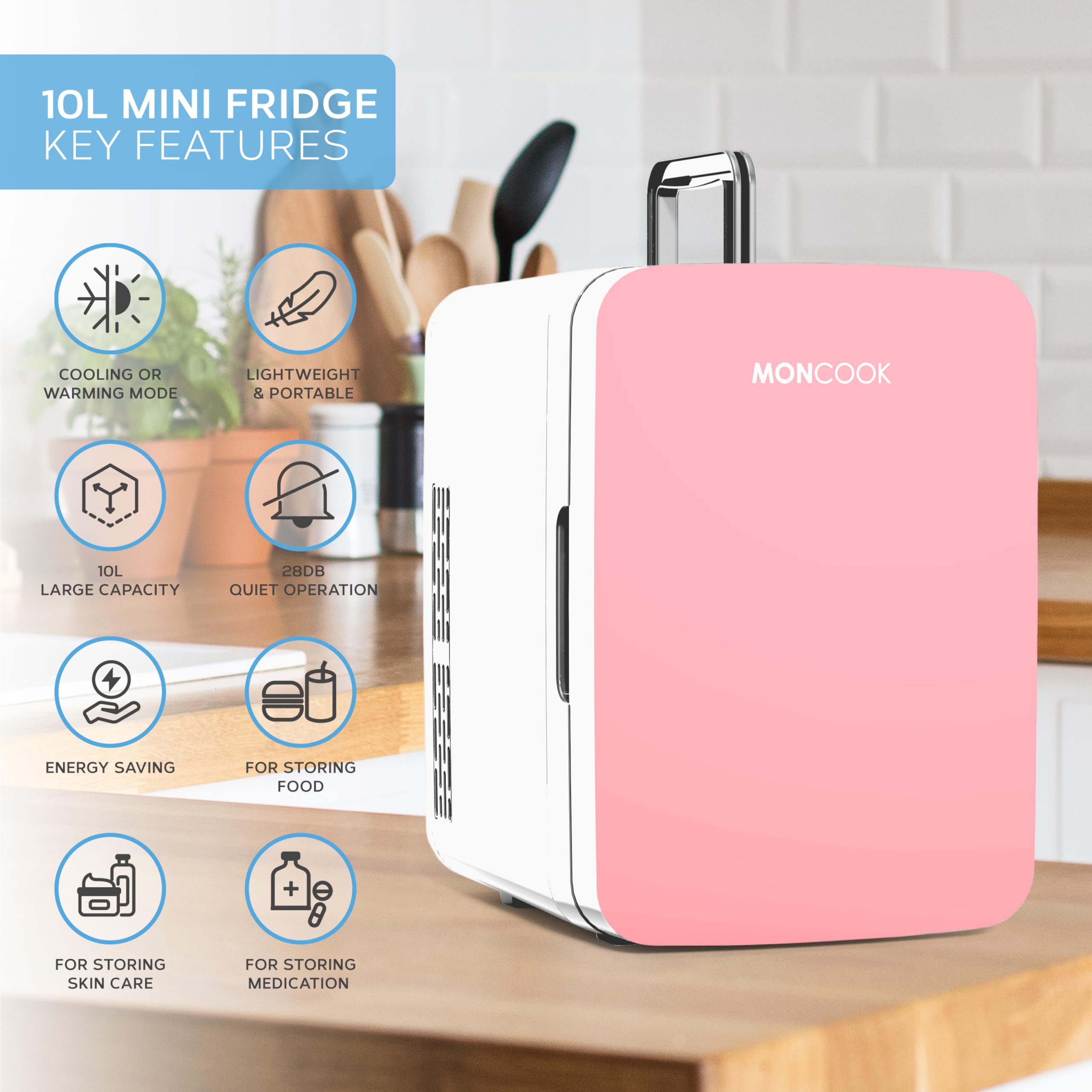 MONCOOK Mini Fridge For Bedrooms - Small, Portable & Quiet - Glass Door Mini Fridge For Skincare, Food & Drinks - Cooling & Warming Function - Perfect For Home, Office, Car Or Travel - 10L Pink