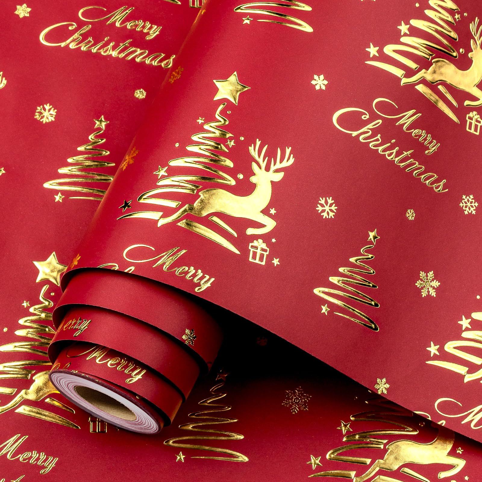 Homeral Christmas Wrapping Paper Roll, 3D Embossed Gold Foil Reindeer Tree