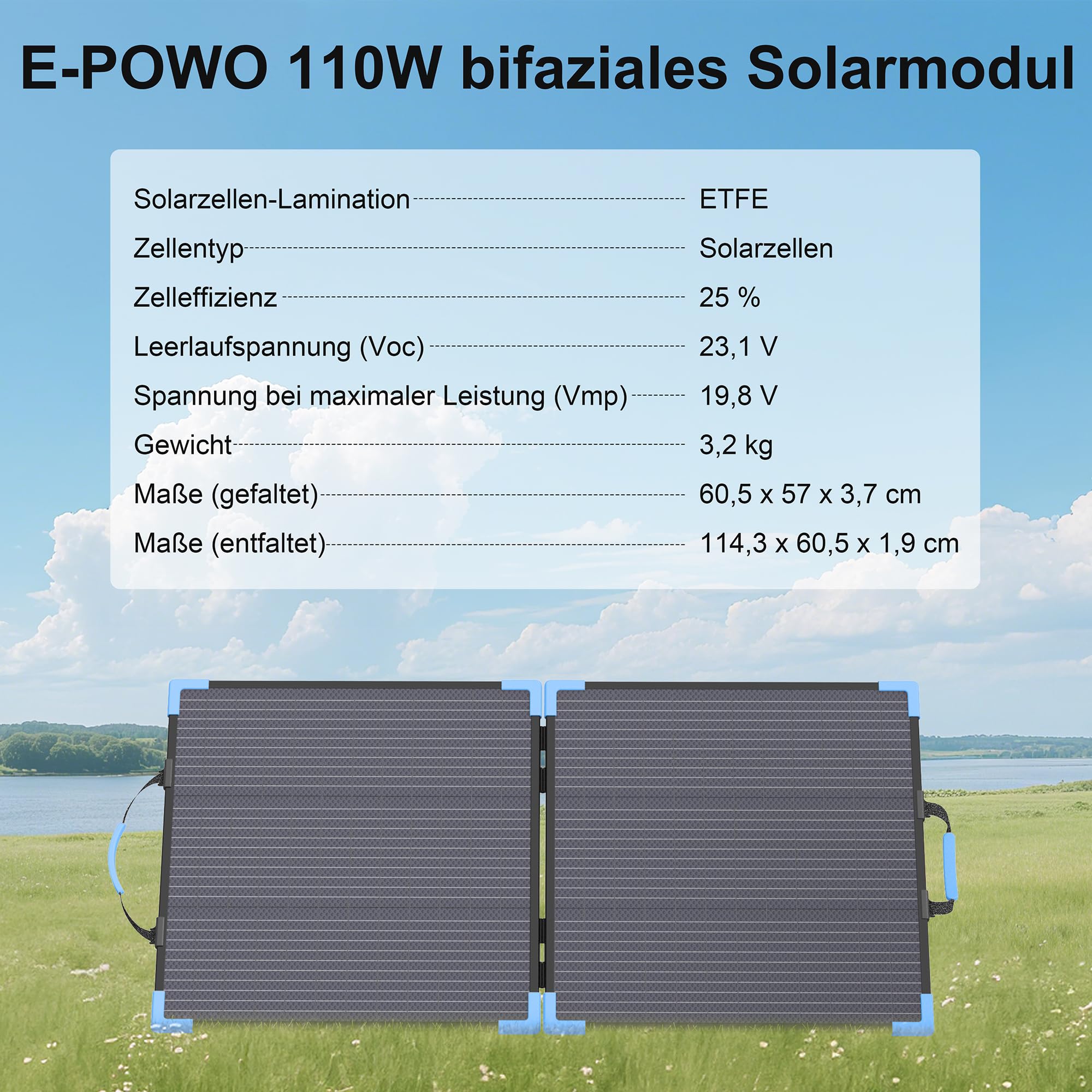 110W Bifaziale Faltbares Solarpanel, 20V Monokristallines Solarpanel | 25% Wirkungsgrad Tragbares Solar panel, IP68 Wasserdicht mit MC4-Ausgangskabel und Ständer für Powerstation, Camping