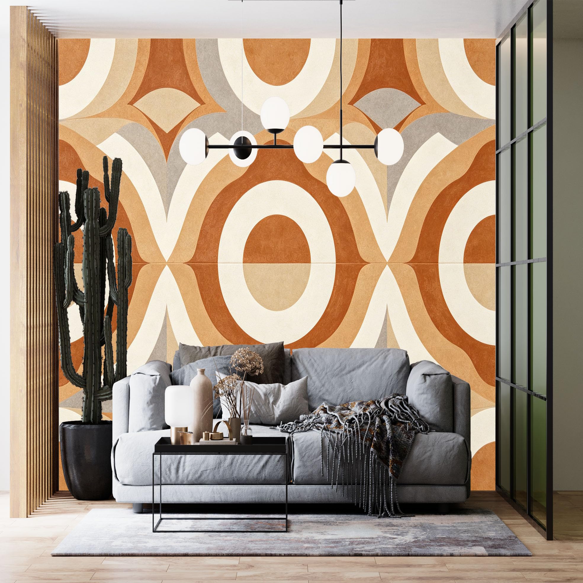 Photo murale retro marron orange papier peint geometrique intisse contemporain art mural salon