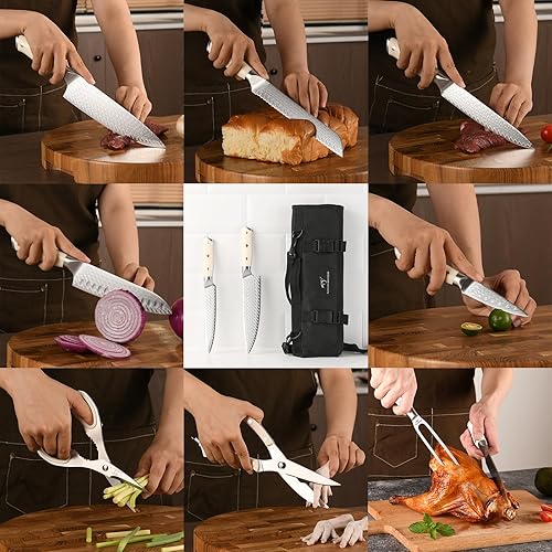 Miniatura 6 de NANFANG BROTHERS Juego de cuchillos de chef con bolsa, 9 cuchillos de chef de acero de damasco con bolsa de almacenamiento portátil de rollo de