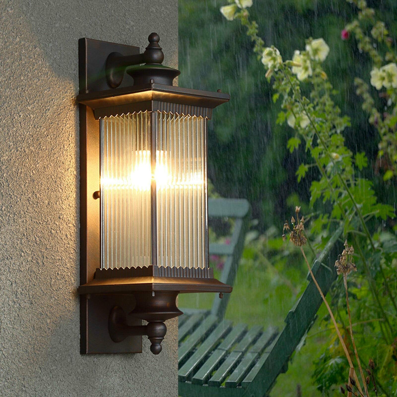 ROMYIX Outside Lights Garden Wall Light Vintage Outdoor Wall Light Mains Powered,Brown Outside Glass Lantern Wall Lamps for Doorway Street Balcony (Brown)