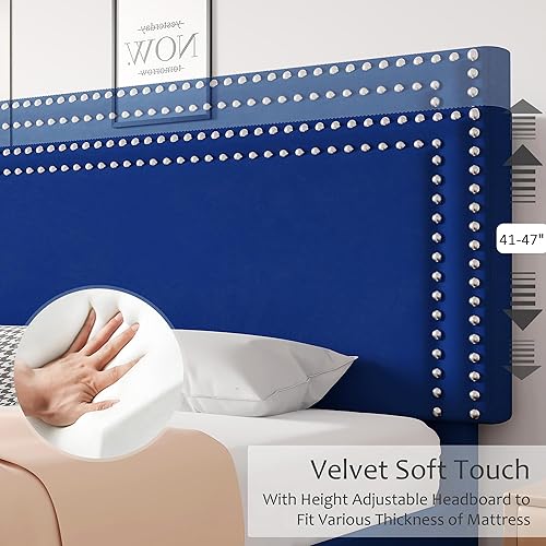 Miniatura 19 de VECELO Base de cama de tamaño matrimonial con cabecera tapizada ajustable, plataforma de listones de madera, diseño sin ruido, fácil montaje Negro