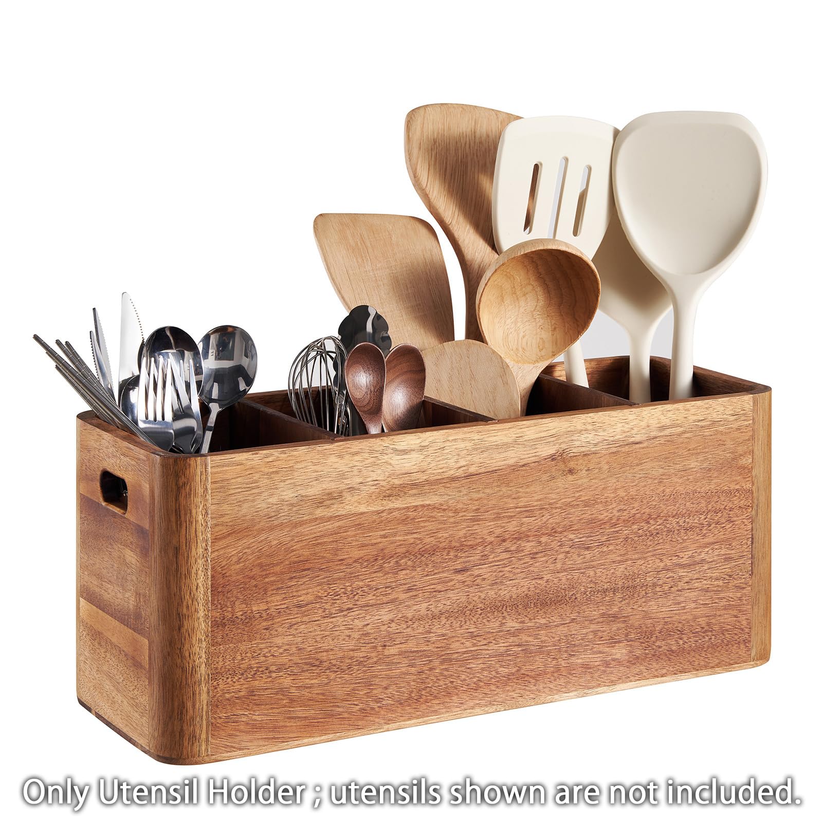40,6 cm großer Küchenutensilienhalter aus Holz, extra großer Organizer aus Akazienholz, für Kochutensilien, Utensilien und Besteckaufbewahrung – 4-Fächer-Arbeitsplattenhalter