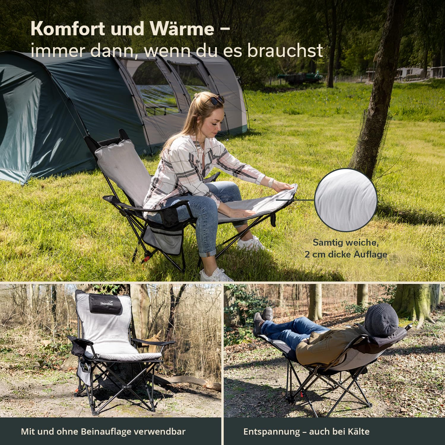skandika Silla de Camping Toras con reposapiés, Plegable, función reclinable, tamaño Compacto,con Soporte para Bebidas (Negra/con Acolchado)
