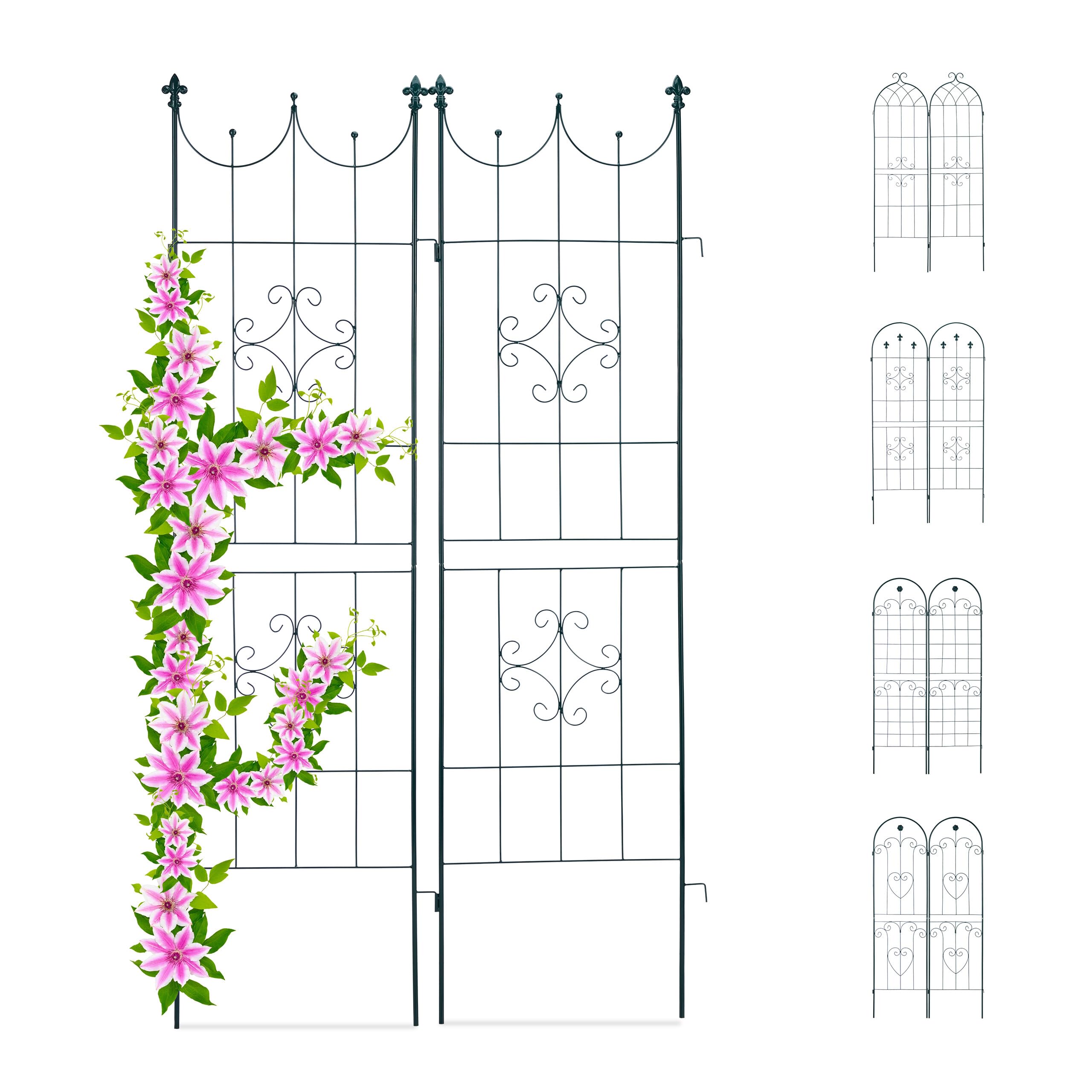 Relaxdays Trellis Set of 2, Metal, 180 x 50 cm, Garden Climbing Aid, Vintage, Ornate Tips, Freestanding, Dark Green