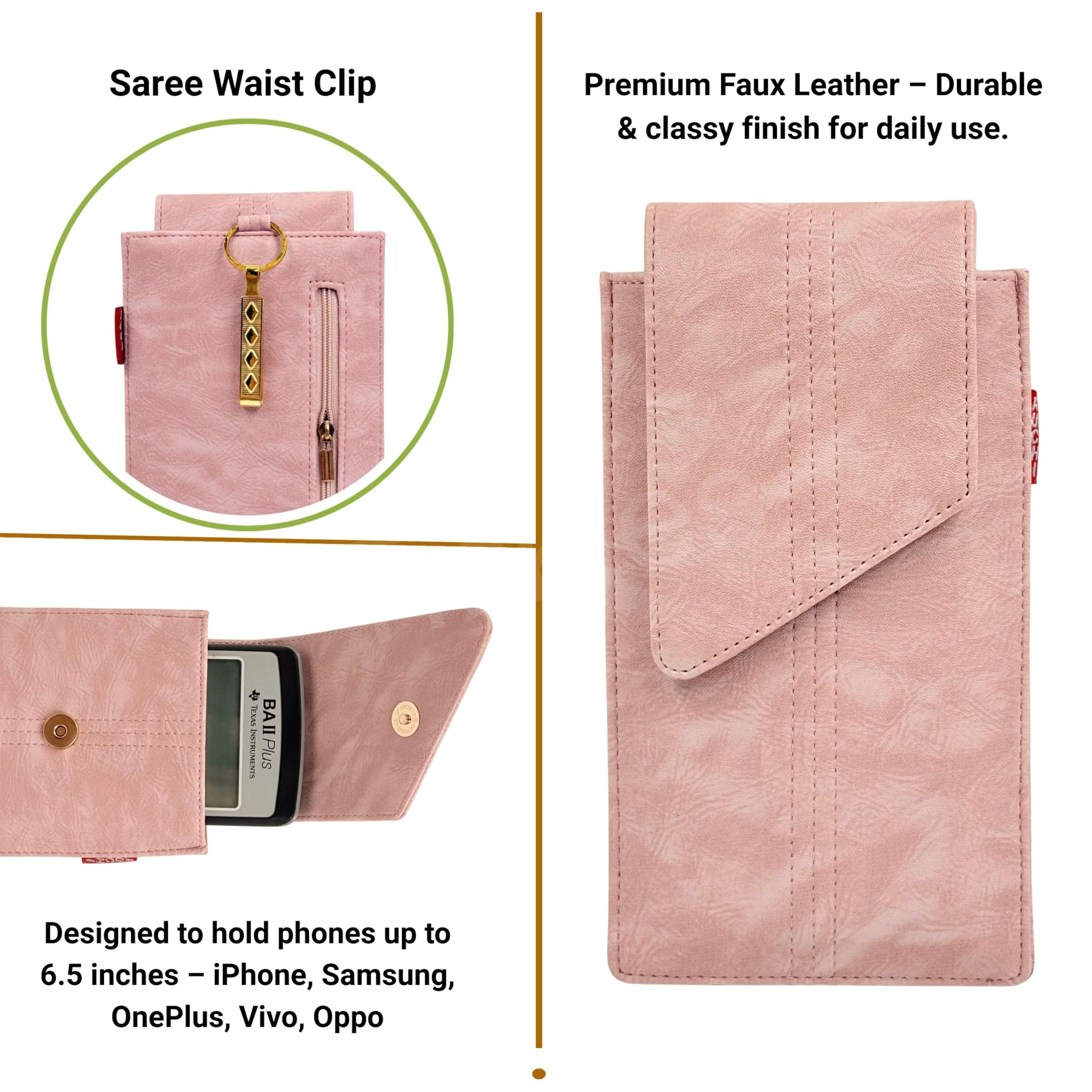 Tickles Fancy Artificial Vegan Leather Mobile Pouch with Waist Clip Saree Hook for Girls Women (Color: Pink) (Suitable for Mobile Sizes: Below 6.5 Inches) 3