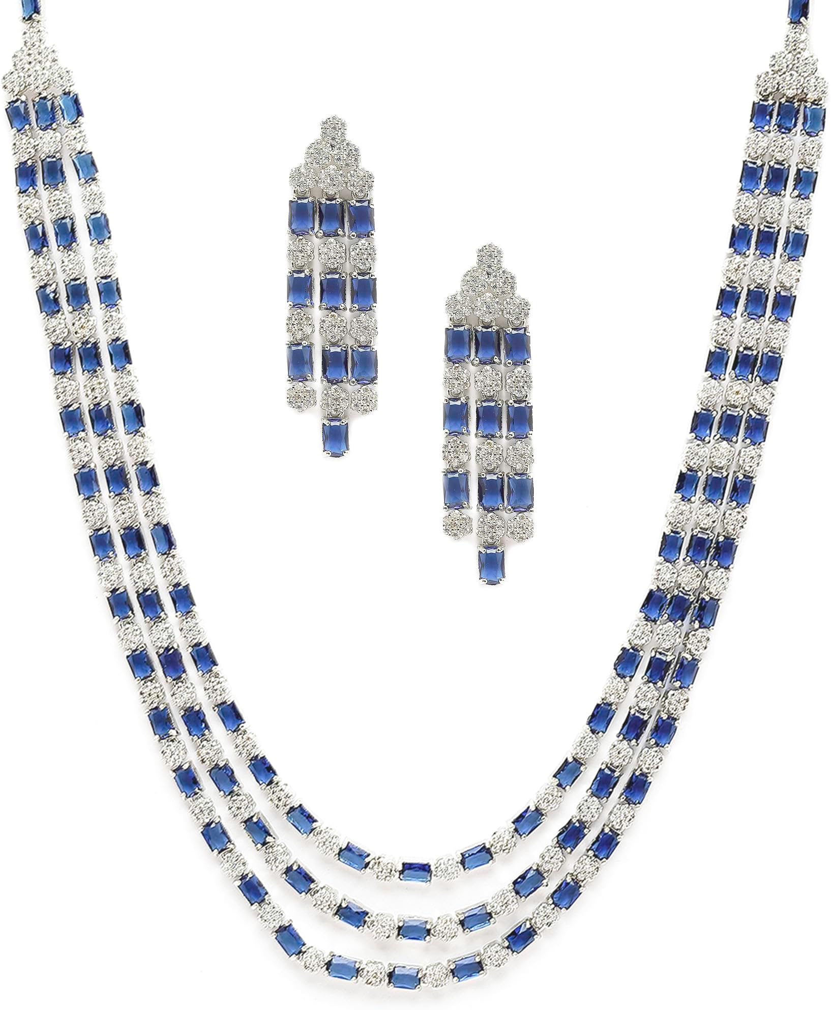 ZENEMERhodium-Plated American Diamond Studded Layered Necklace With Earrings Jewellery Set For Girls and Women
