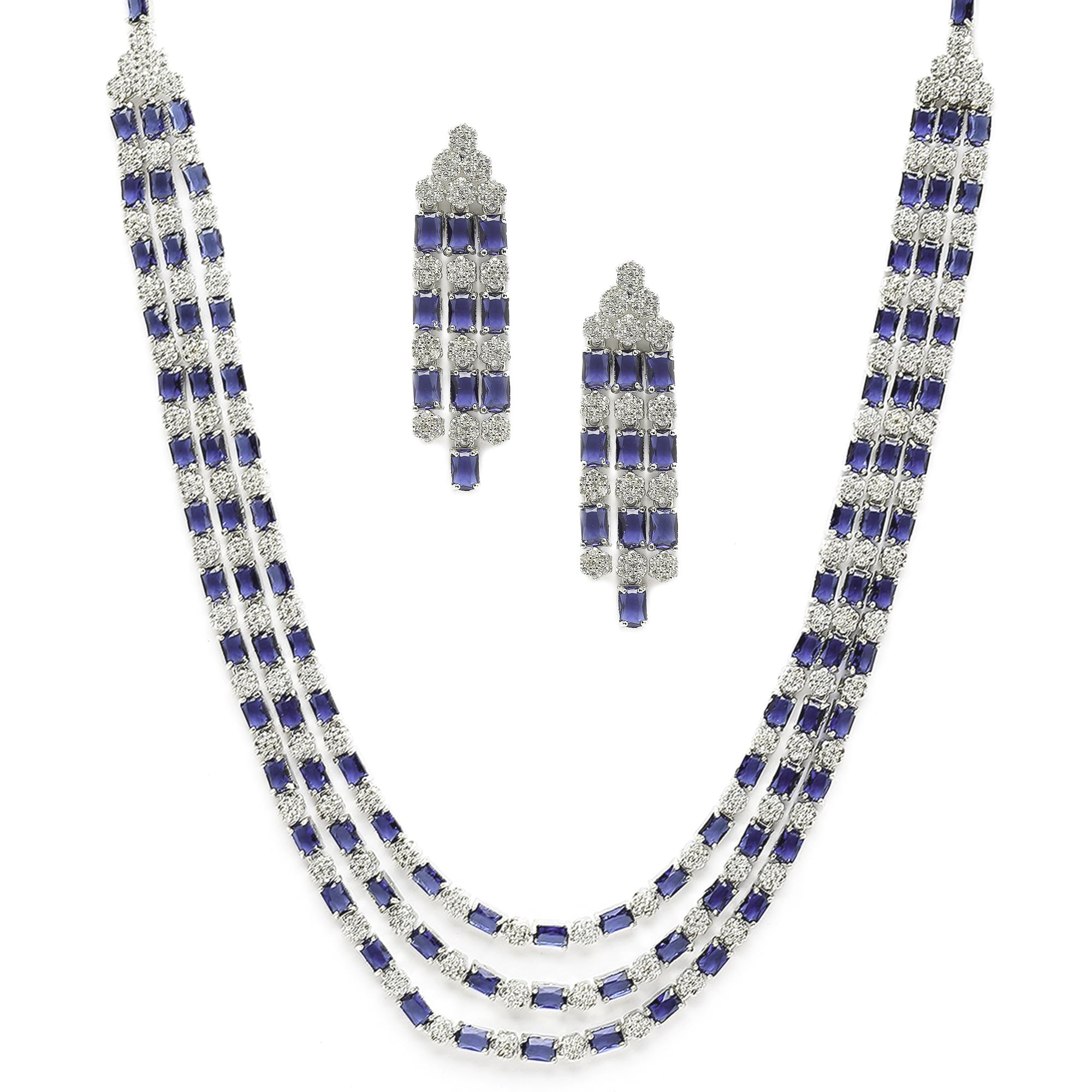 ZENEMERhodium-Plated American Diamond Studded Layered Necklace With Earrings Jewellery Set For Girls and Women
