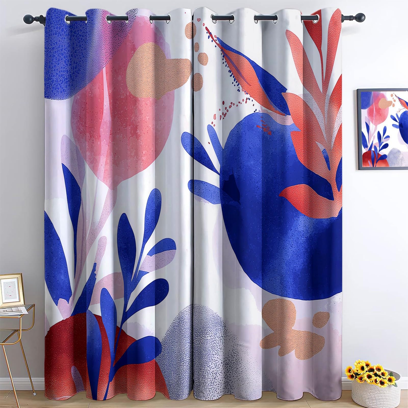 Curtains 3D Watercolour Leaves Circles Eyelet Thermal Insulated Blackout Window Drapes, White Curtains, for Bedroom Living Room Playroom 66” W x 72” L (2 Panels)