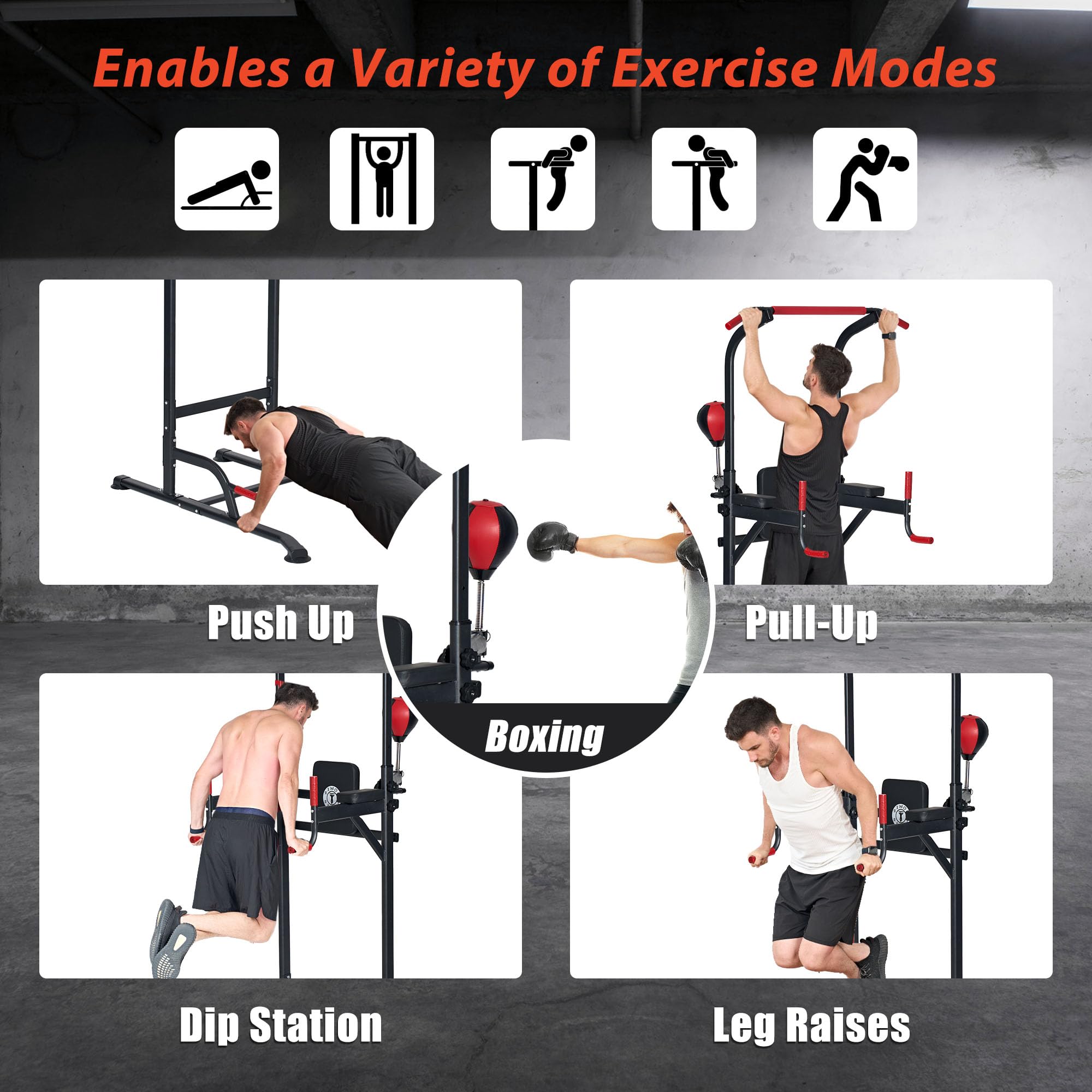 sogesfurniture Power Tower, Dip Station, estación de fuerza multifuncional con barra de dominadas y asas para flexiones, pelota de boxeo, altura regulable de 188 – 230 cm