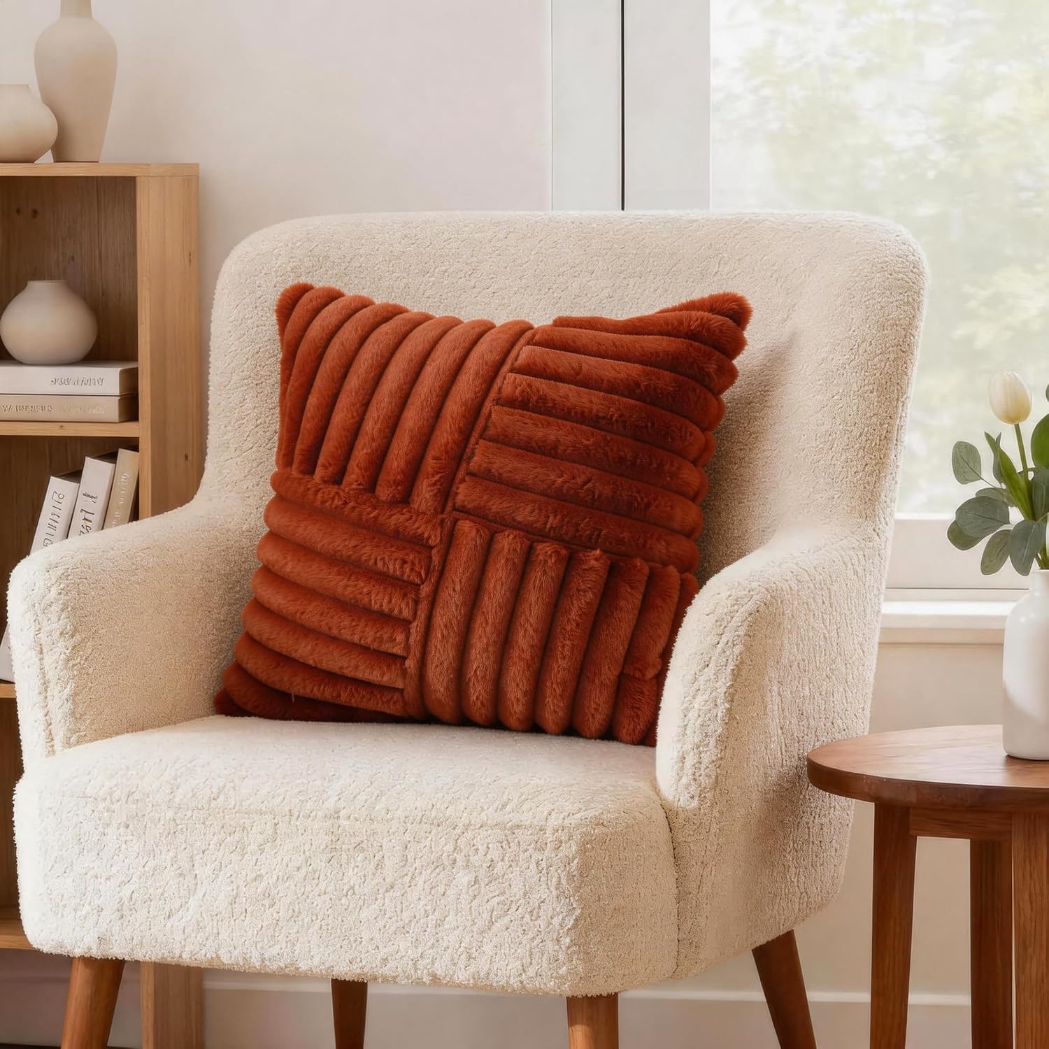 All Smiles Burnt Orange Terracotta Rust Throw Pillow Covers 18x18 Set of 2 | Fall Decorative Faux Fur Throw Pillow Covers Home Porch Decor fall Decorations for Couch Living room Bed