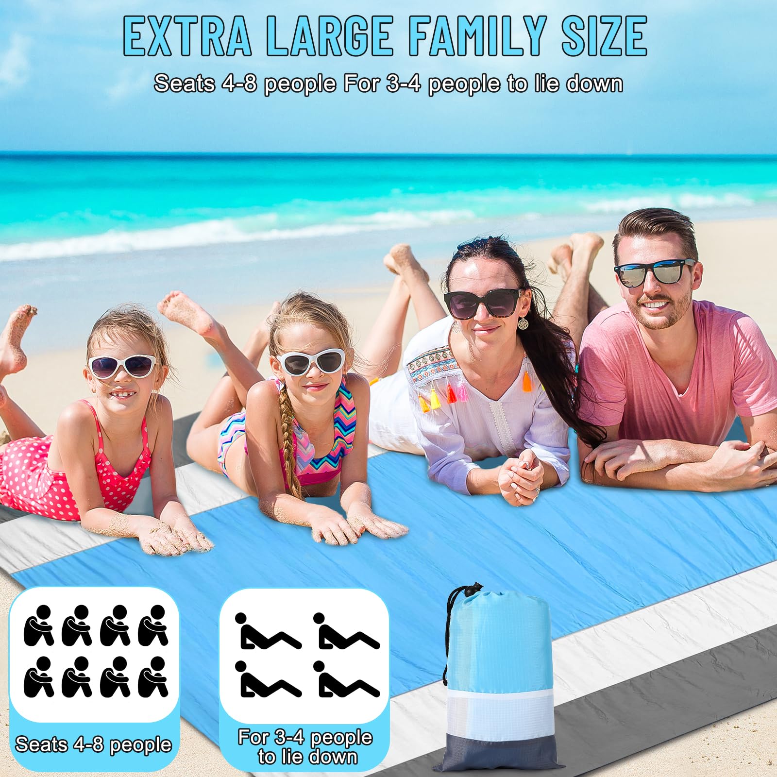 Coperta Spiaggia Impermeabile 250x200 Cm - Tappetino Picnic Antisabbia Con Picchetti, Per 4-8 Persone - Foto 9