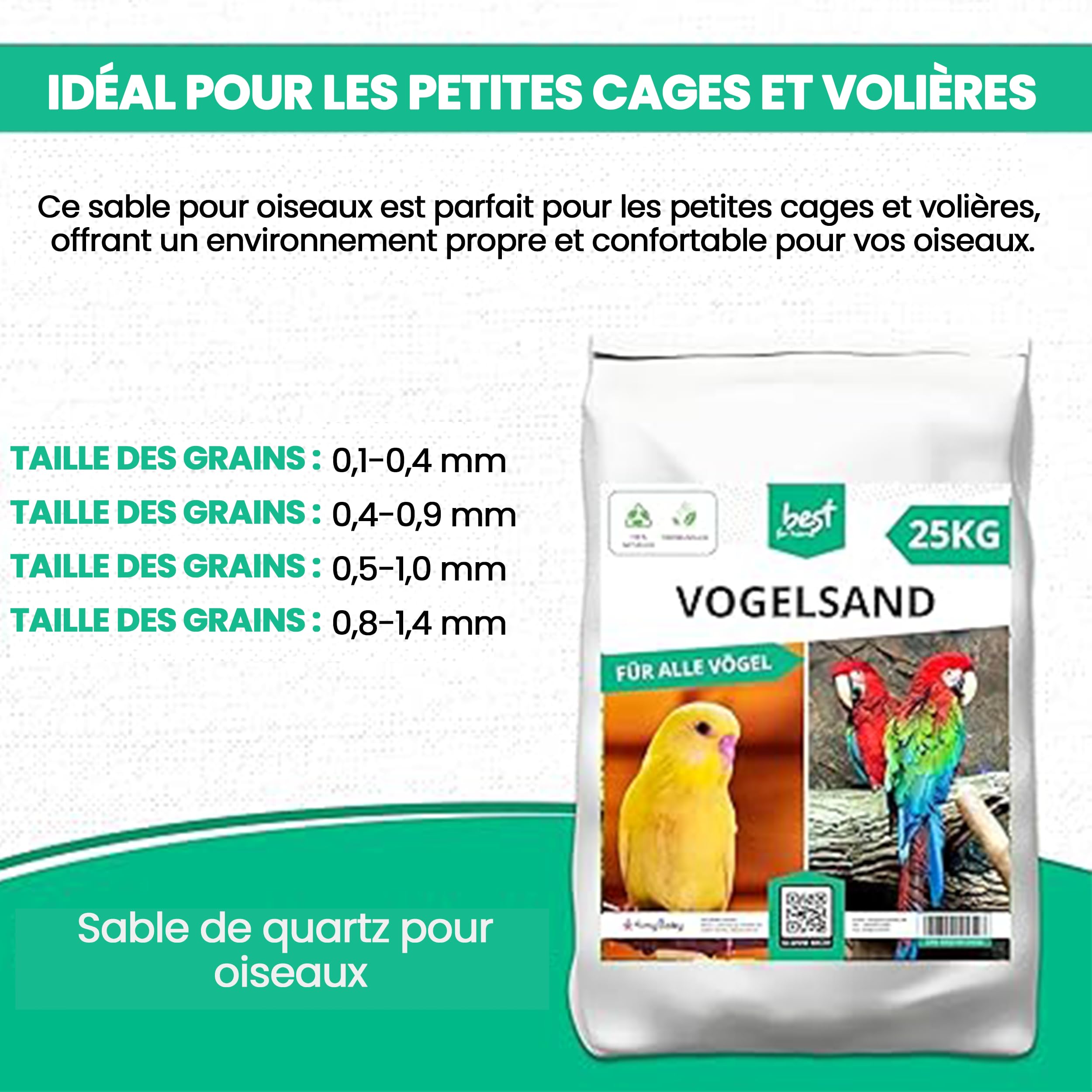 Sable d'oiseaux 25 kg | Sable de Quartz pour Cage à Oiseaux 0,5 à 1,0 mm | Sable de Cage pour Perroquet, Perruche, Canari et Autres Oiseaux | Substrat Idéal pour Cages et Volières