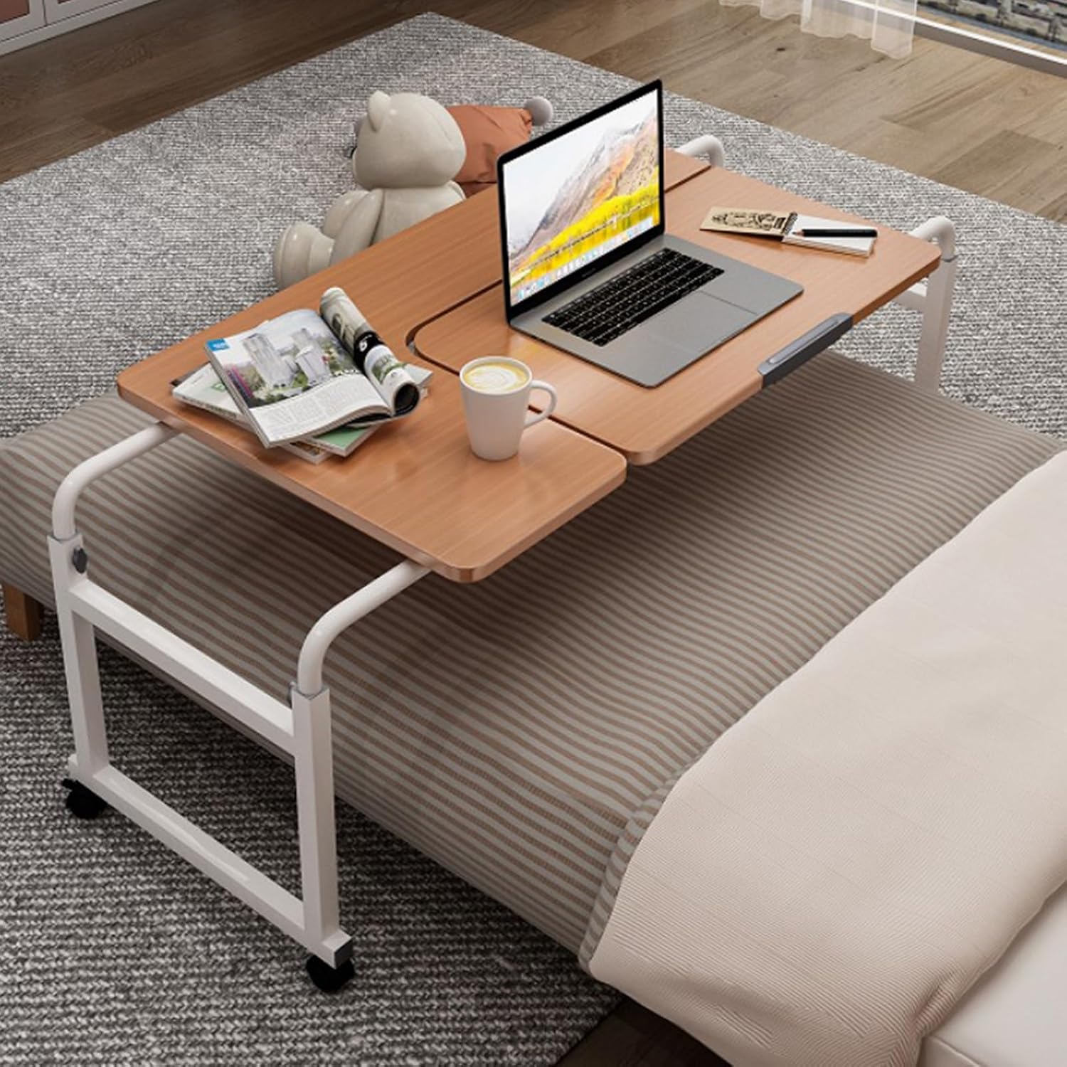 YVYKFZD Adjustable Overbed Table, Bedside Table with 360° Swivel Wheels, Over Bed Table with Tiltable Tabletop, Mobile Standing Over Bed Desk King Size (Color : Teak Color R, Size : 47.2"/120cm)