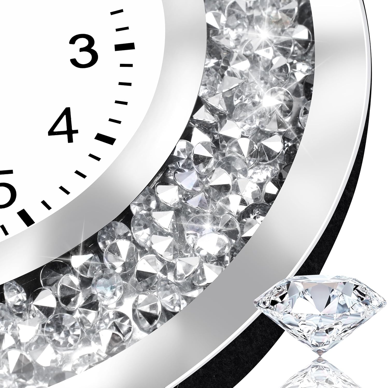 14 Inch Large Crystal Crushed Diamond Mirrored Wall Clock, Elegant Sparkle Bling Glitter Rhinestone Luxury Clock with Silent Quartz Movement for Living Room, Bedroom, Home Decor