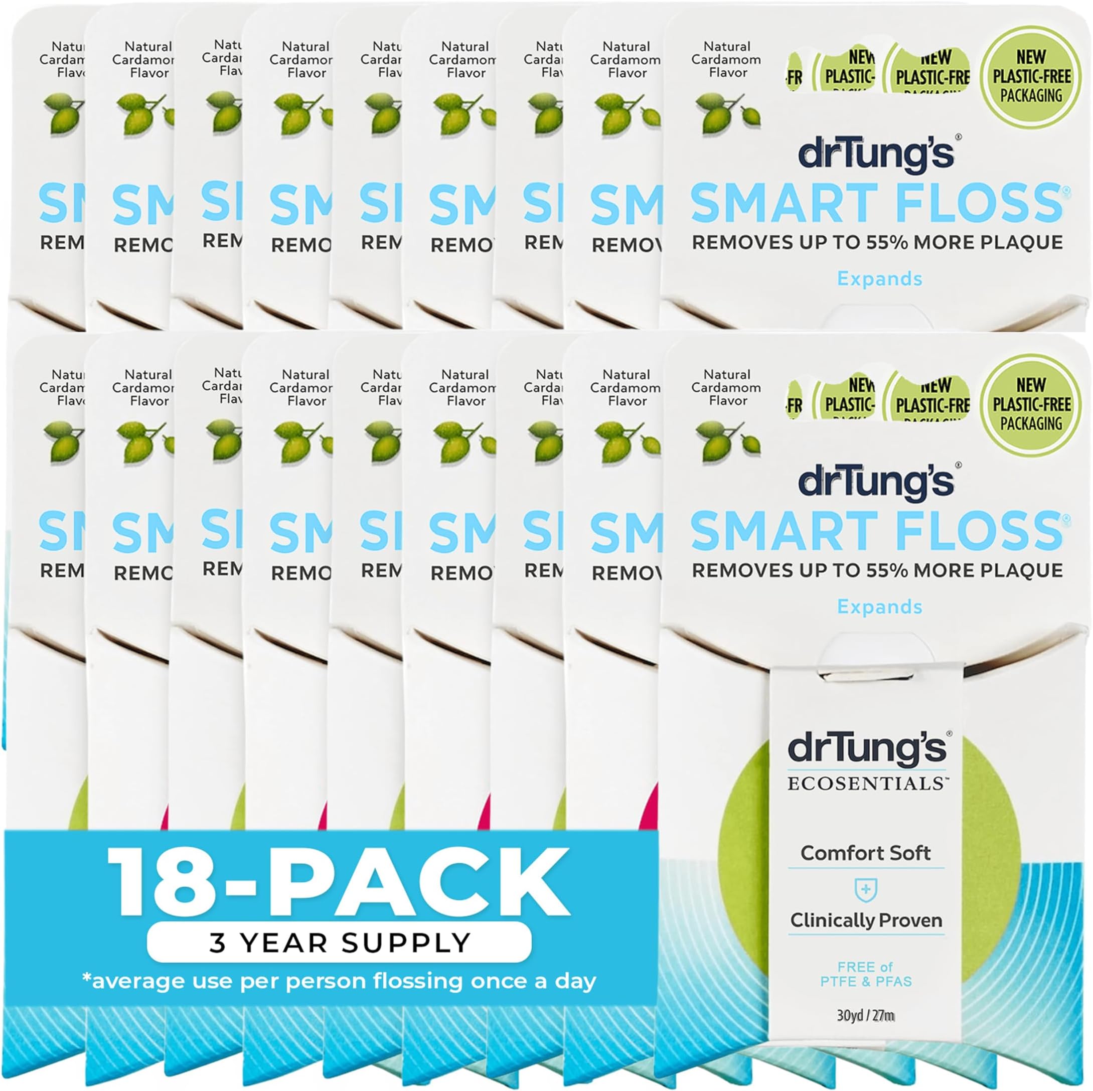 Smart Floss - Natural Floss, PTFE & PFAS Free Floss, Gentle on Gums, Expands & Stretches, BPA Free - Natural Dental Floss Cardamom Flavor (Pack of 18)