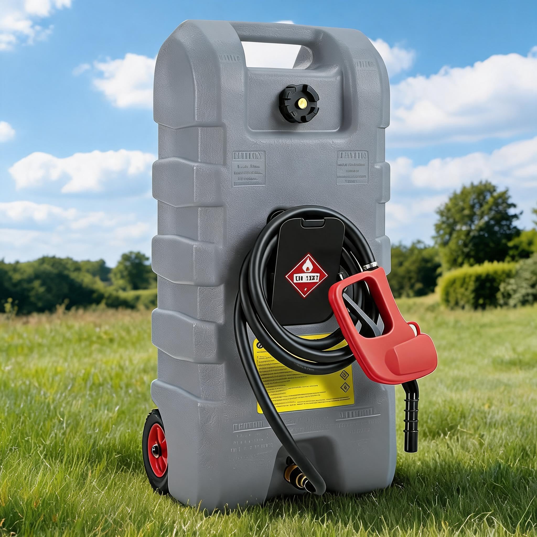Mobiler 15 Gallonen Kraftstoffbehälter mit DreiM Schlauch & Handpumpe – auslaufsicherer Benzin-/Dieseltank auf Rollen – ideal für Werkstatt, Auto, Rasenmäher, Boot, ATV – Farbe: Grau