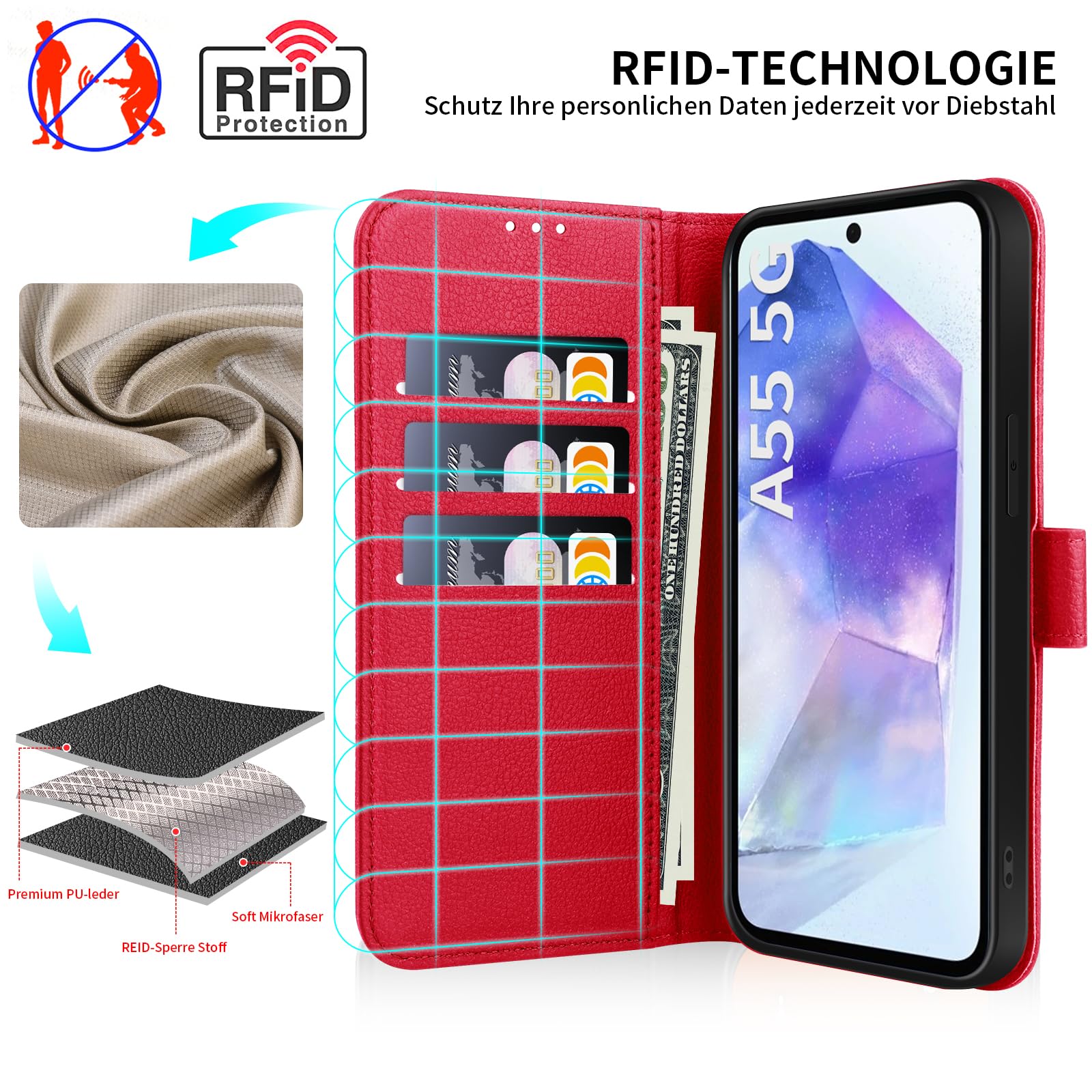 UITUIM Cover per Samsung Galaxy A55 5G Cover Custodia a Libro Portafoglio in Pelle con Vetro Temperato Pellicola Cover Porta Carte Flip Case Protettiva Custodia per Samsung Galaxy A55 5G,Rosso