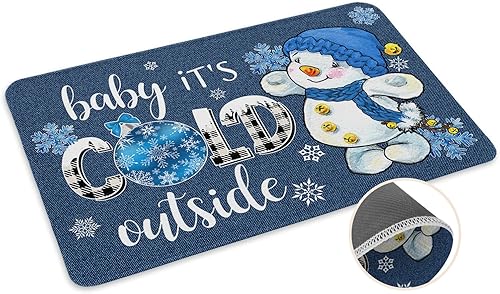 Miniatura 3 de Tapete decorativo de Navidad con diseño de muñeco de nieve para puerta de exterior, tapete de bienvenida con copos de nieve, azul, para invierno,