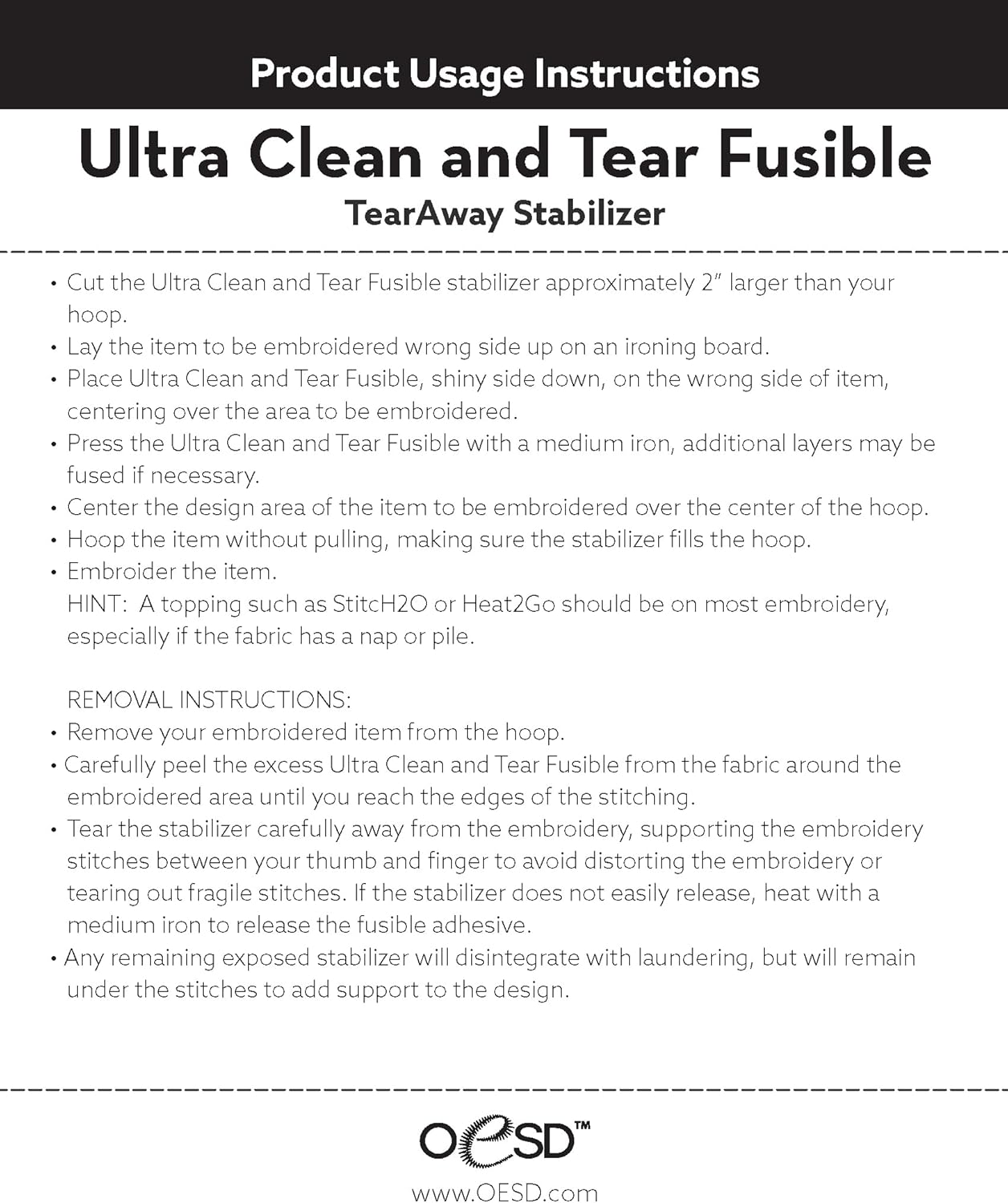 OESD Ultra Clean and Tear Fusible Embroidery Stabilizer 10" x 10 Yd Roll