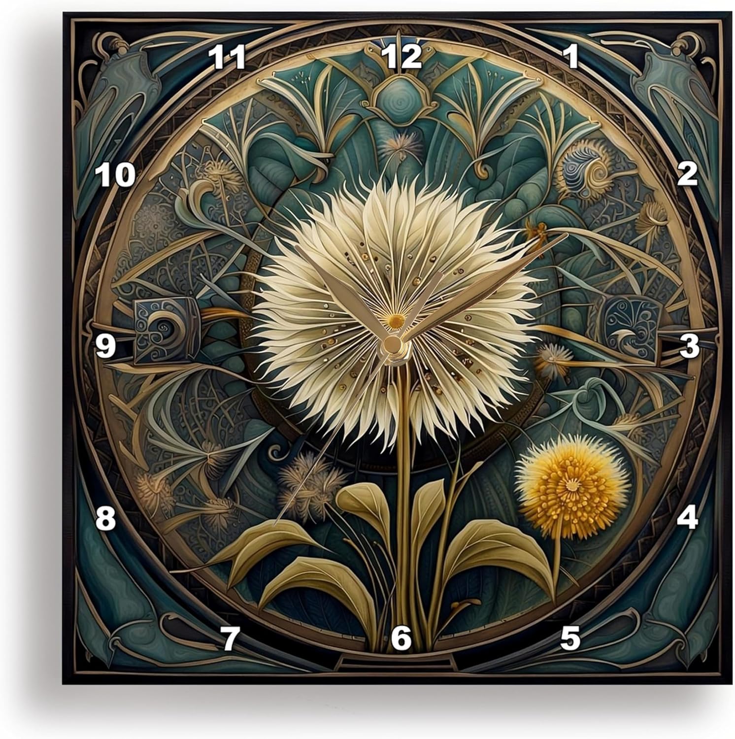 3dRose Wall Clock Silent – 10 inch – Enchanting Art Deco Wildflower Retro Style Art – Acrylic Painting – Art Deco Dandelion