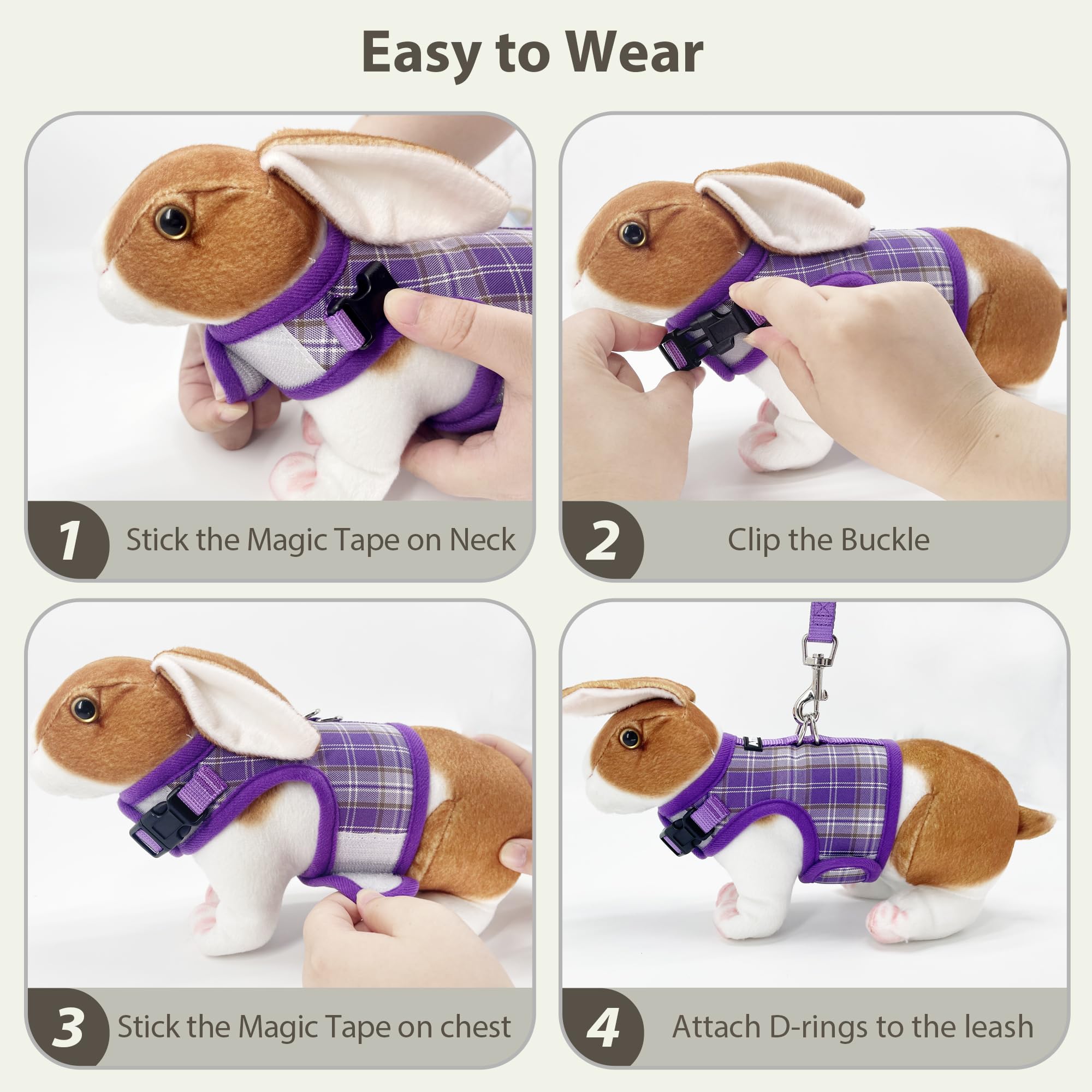AIITLE Ensemble de harnais et laisse pour lapin anti-évasion - Design à ruban magique, rembourrage en maille à motif à carreaux léger, sans étouffement ni traction pour chiot, chat, rat, écureuil