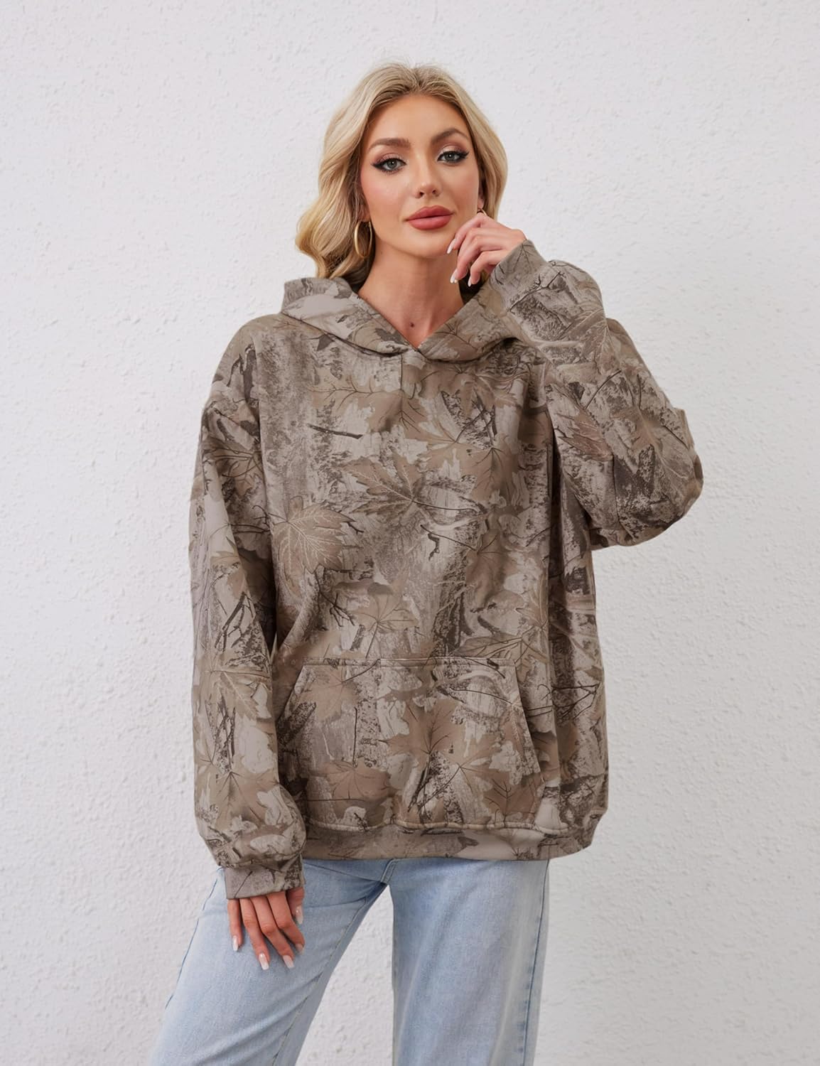 Women Camo Hoodies Oversized Maple Leaf Fleece Hooded Sweatshirt Long Sleeve Fall Trendy Pullover Hoodie with Pocket - Image 6