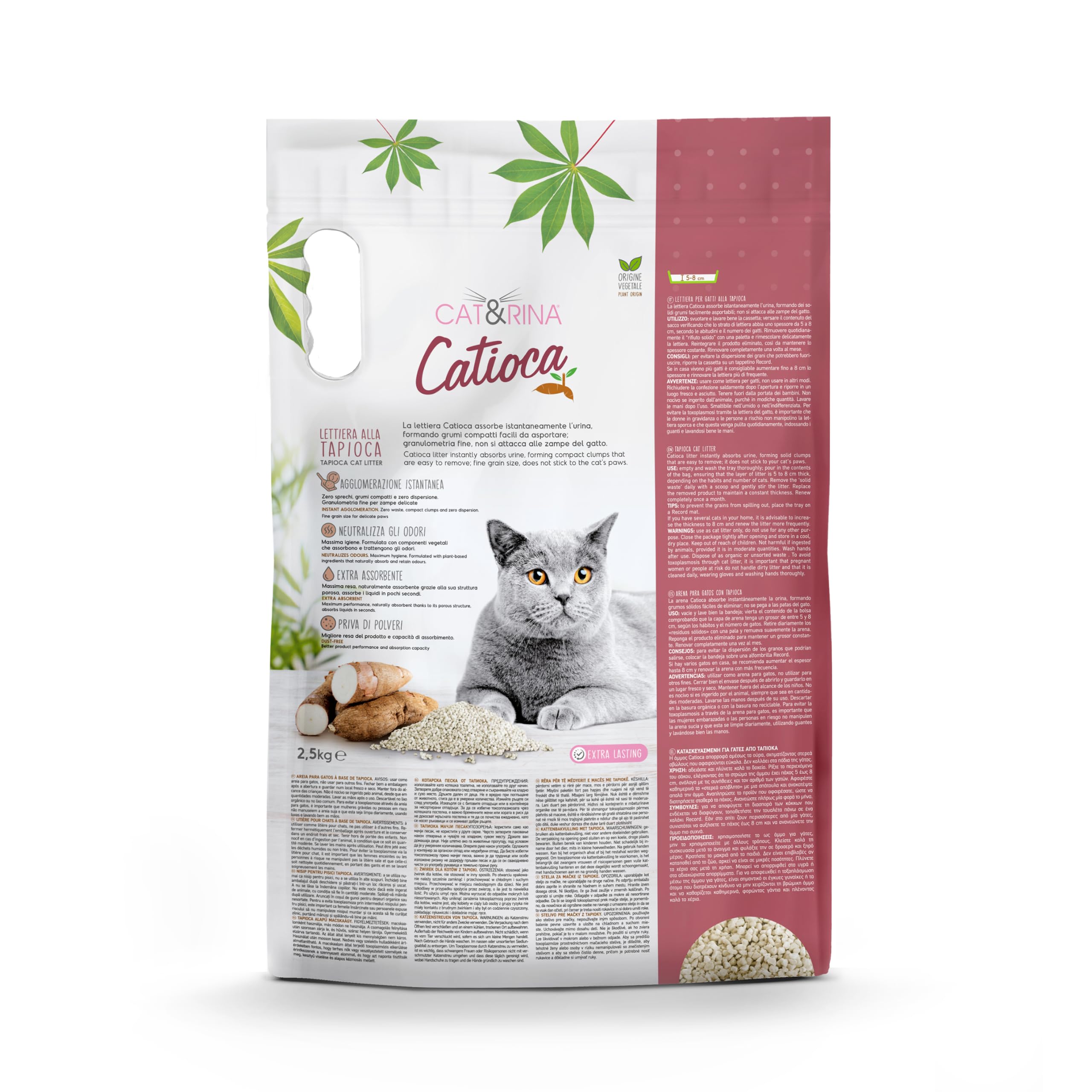 Cat&Rina Catioca Lettiera Granuli Tapioca 2,5kg, 3 Pezzi | Agglomerante, Vegetale, Si smaltisce nell'organico, Anti odore