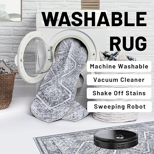 Miniatura 4 de KUTA Alfombra oriental lavable de 2.6 x 8 pies para pasillos, antideslizante, vintage, gris, alfombra de pasillo de cocina, ultra suave, tribal,
