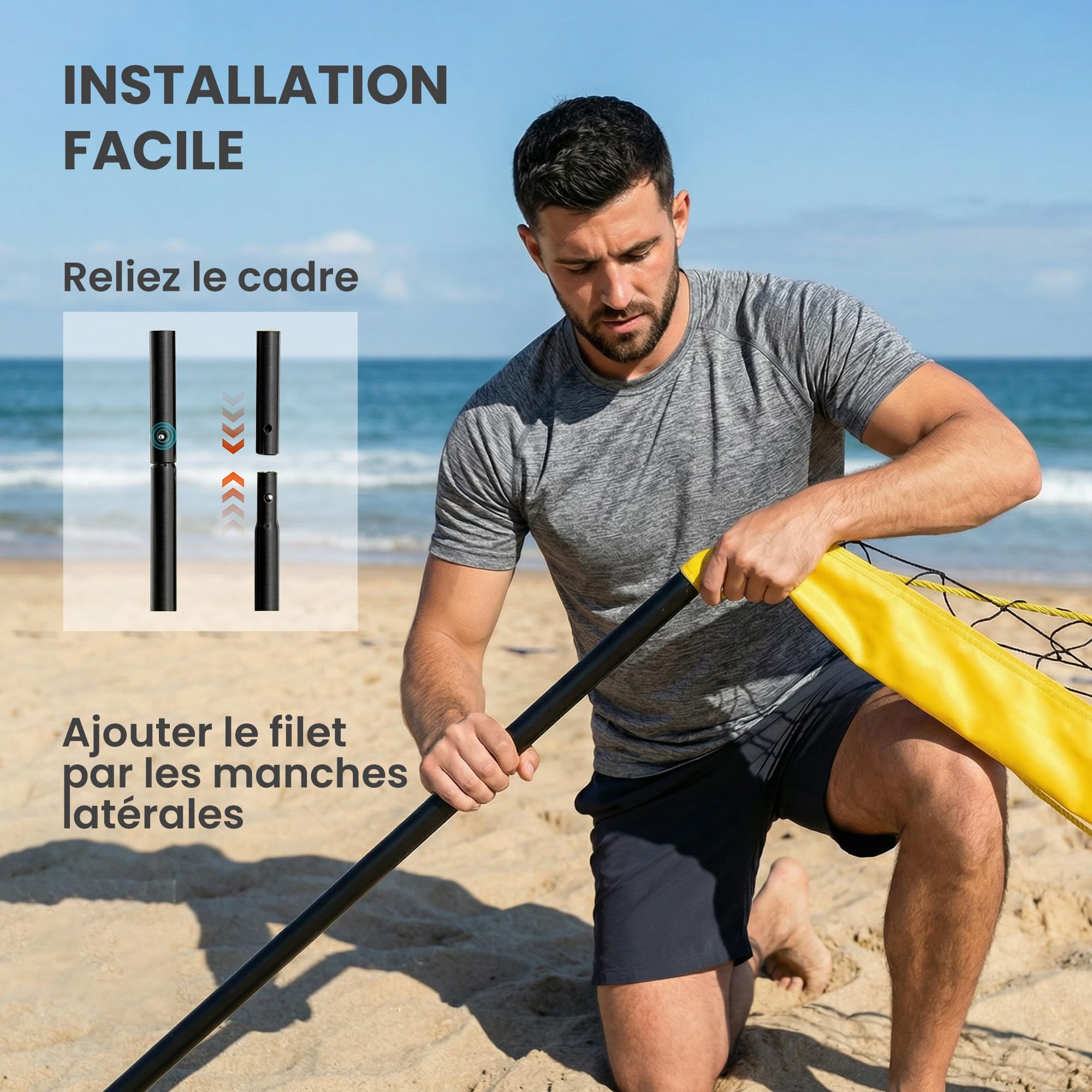 SPORTNOW Set di pallavolo e Badminton, pali in acciaio regolabile in altezza, pallone da pallavolo, rete Badminton portatile, 4 racchette da neve, 4 volant, borsa per il trasporto, per prato spiaggia
