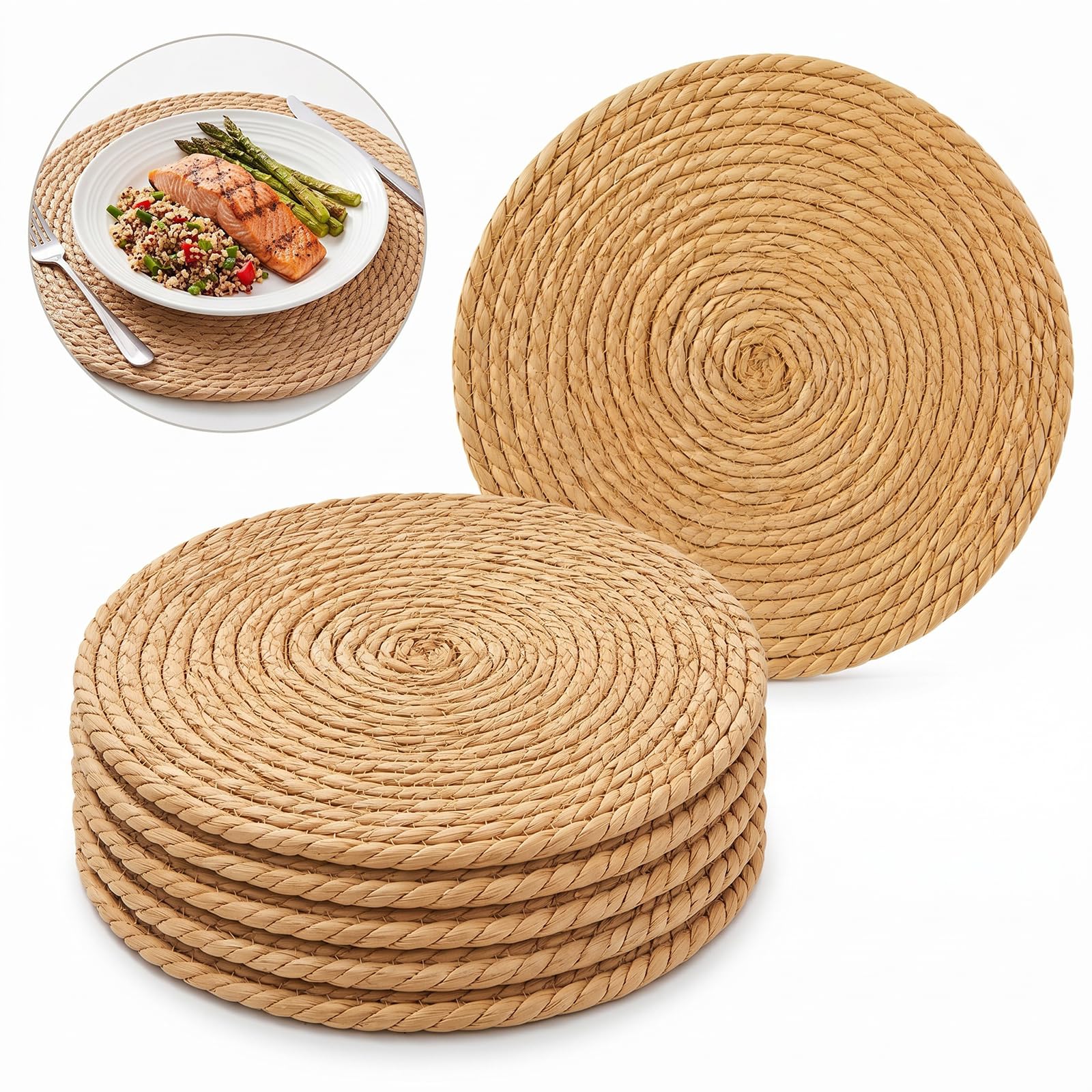 Round Woven Placemats Set of 6, 25 cm Natural Placemat Cattail Rattan