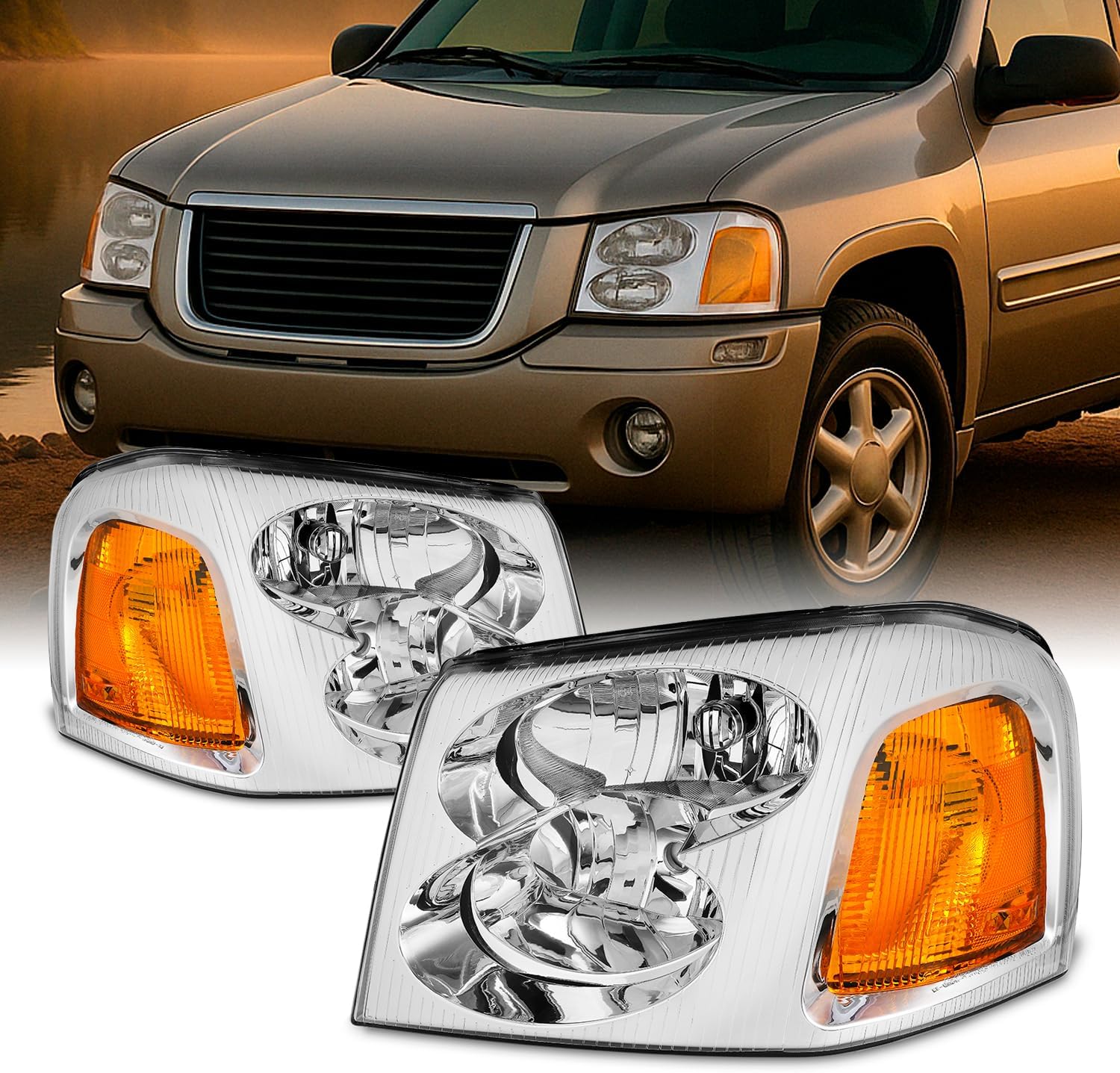 AKKON - For GMC Envoy/Envoy XL/Envoy XUV Black Housing Headlight Lamp Assembly L+R