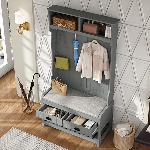 Miniatura 2 de AIEGLE Árbol de entrada gris con perchero y banco de zapatos, árbol de pasillo 4 en 1 con 2 cajones, 4 ganchos colgantes y estantes de