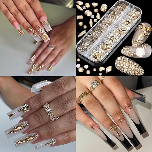 Miniatura 5 de VOTACOS Diamantes de imitación para arte de uñas, diamantes de imitación de parte trasera plana, dijes de uñas dorados, múltiples formas,