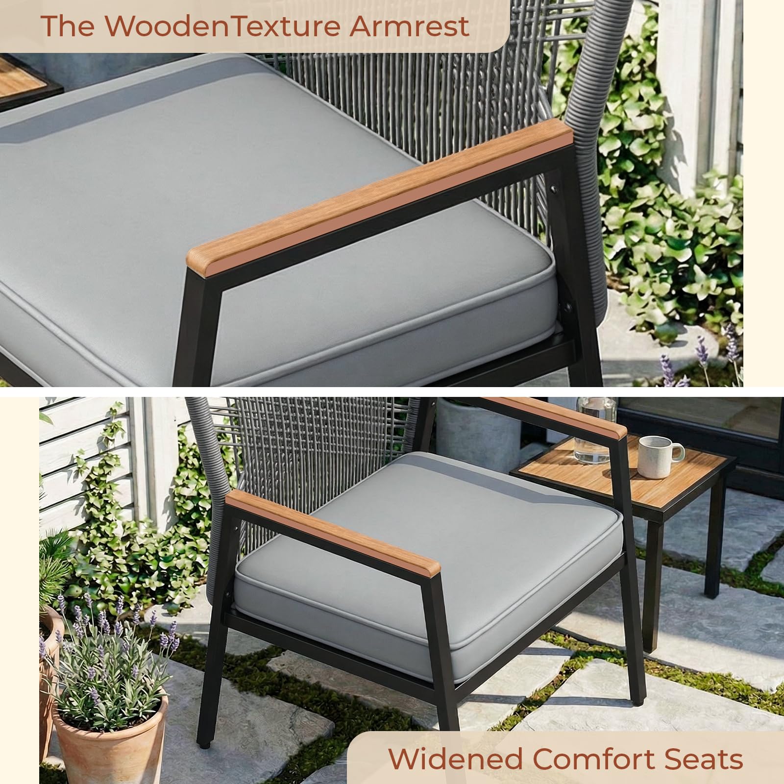 LIFERUN Gartenmöbel-Set, 3-teilig Gartenstuhl Rattan, für Terrasse, Garten | 2 Terrassenstühle mit Tisch, Bis 160 kg, witterungsbeständig, WPC Armrest, Outdoor Balkonmöbel Metall und Rattan, Grau