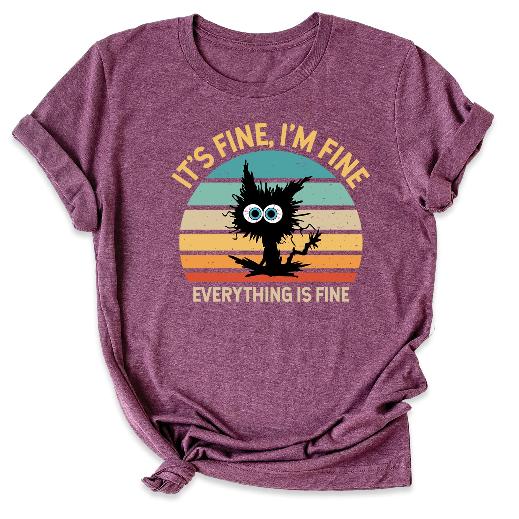 HandmadeIt's Fine I'm Fine Everything is Fine T Shirt, Sarcastic T-shirt for Women, Funny Graphic Tee for Unisex Plus Size, Funny Sarcasm Black Cat Shirt (Retro)