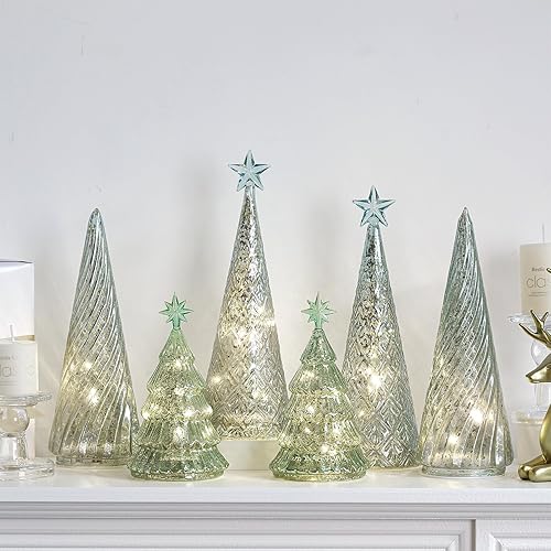 Miniatura 5 de Juego de 6 figuras iluminadas de árbol de Navidad de vidrio de mercurio con luces LED, funciona con pilas, centros de mesa de Navidad iluminados