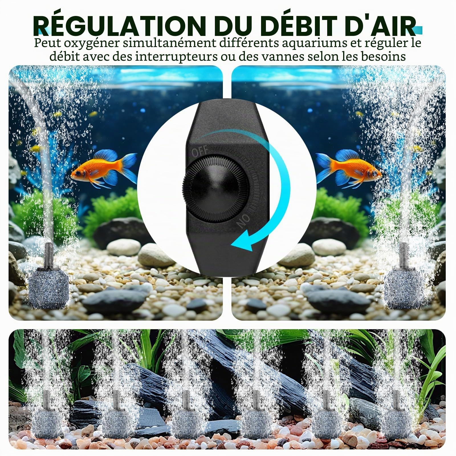 Pompe à air pour Aquarium à 6 Sorties | Aérateur de Bassin réglable 25 W pour bassins de Jardin avec 6 diffuseurs d'air | Pompe à oxygène puissante | Aération du Bassin, jusqu'à 3300 l/h
