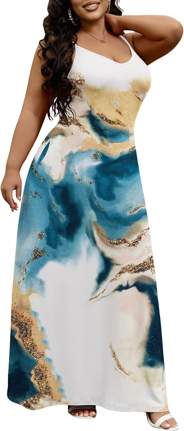 FANDEE Women's Deep V Neck Spaghetti Strap Maxi Dress Sleeveless Half‑Backless Long Dress with Pockets - Image 2