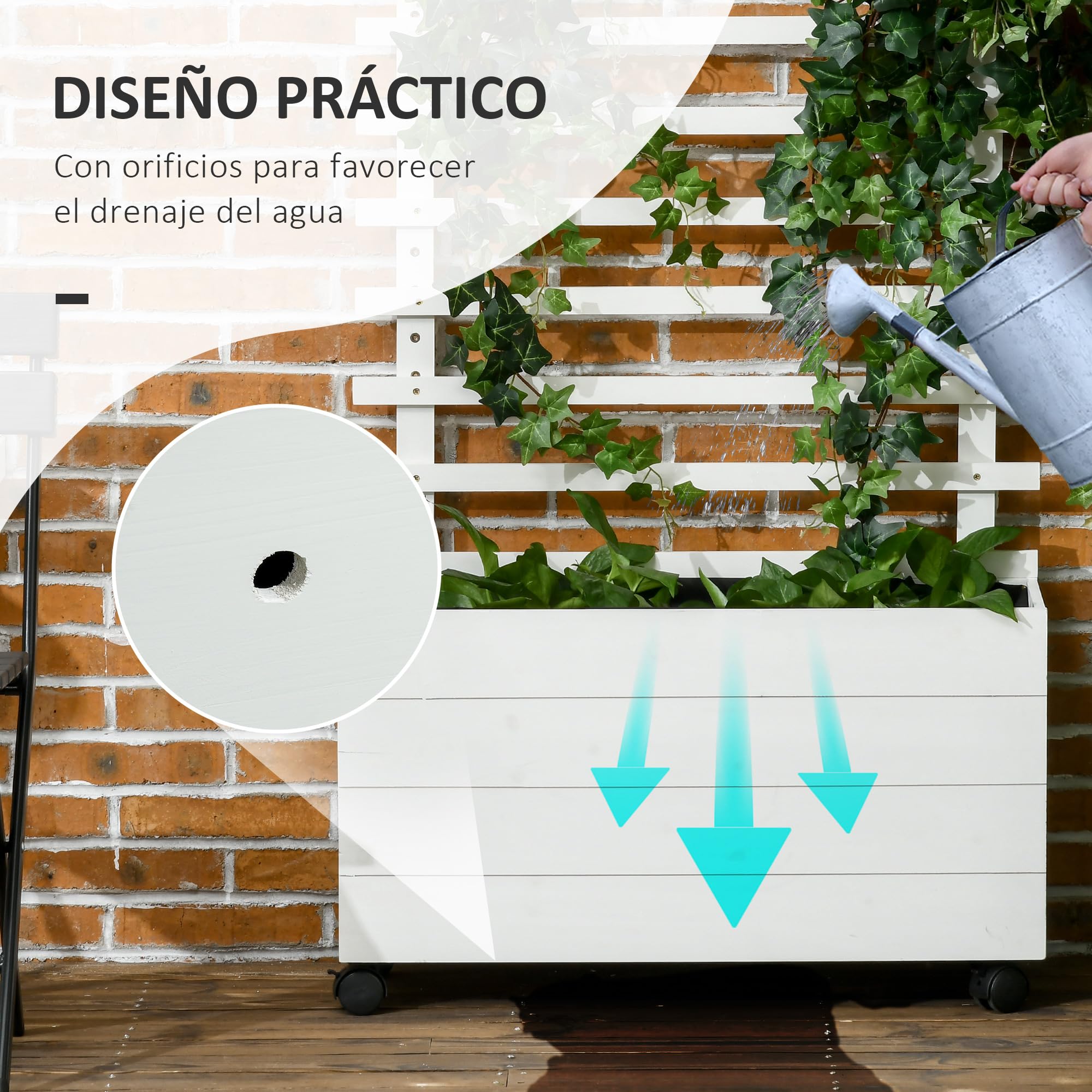 Outsunny Jardinera con Enrejado de Madera Macetero de Jardín con 4 Ruedas Soporte para Trepadora y Tela no Tejida para Cultivos Plantas Verduras en Exterior 76x30x155 cm Blanco