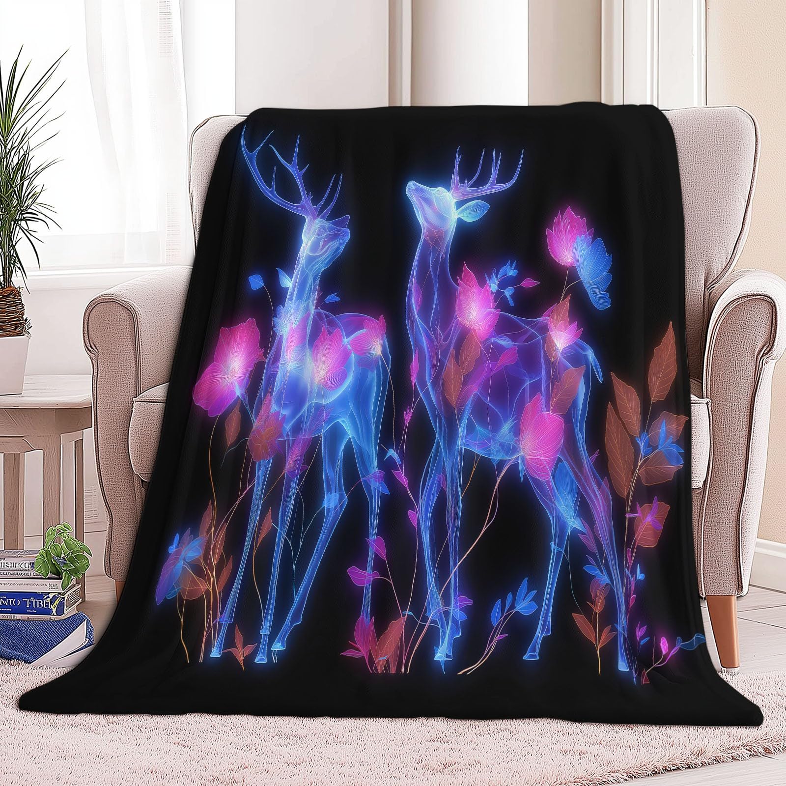 Generico Nero Coperta Plaid in Pile di Flanella Arte Digitale Cervo Al Neon Morbida Leggera Coperta 180 x 220 cm - Adatto per Letto Divano Campeggio Viaggio Sedia a Sdraio