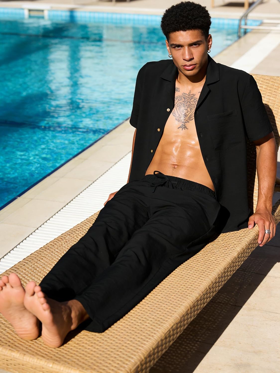 UOUA Mens 2 Piece Outfit Summer Beach Button Down Shirt Casual Loose Pant Sets - Image 4