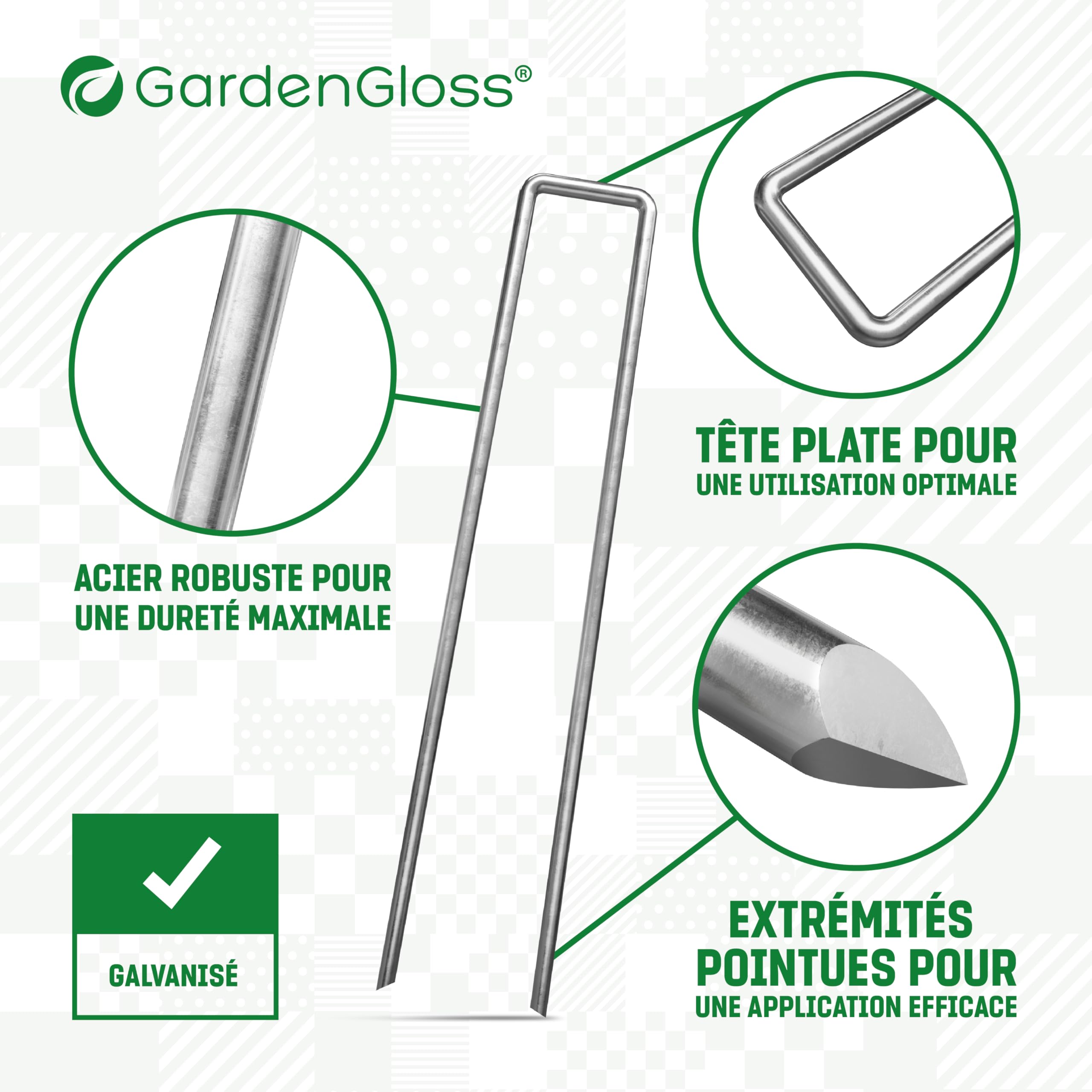GardenGloss Sardines de Fixation en Acier Galvanisé pour Sols Très Durs (100 Pièces) - Agrafes de Fixation pour Toile de Paillage, Grillage et Tente - Long 200 mm, Larg 25 mm, Ø 3.8 mm