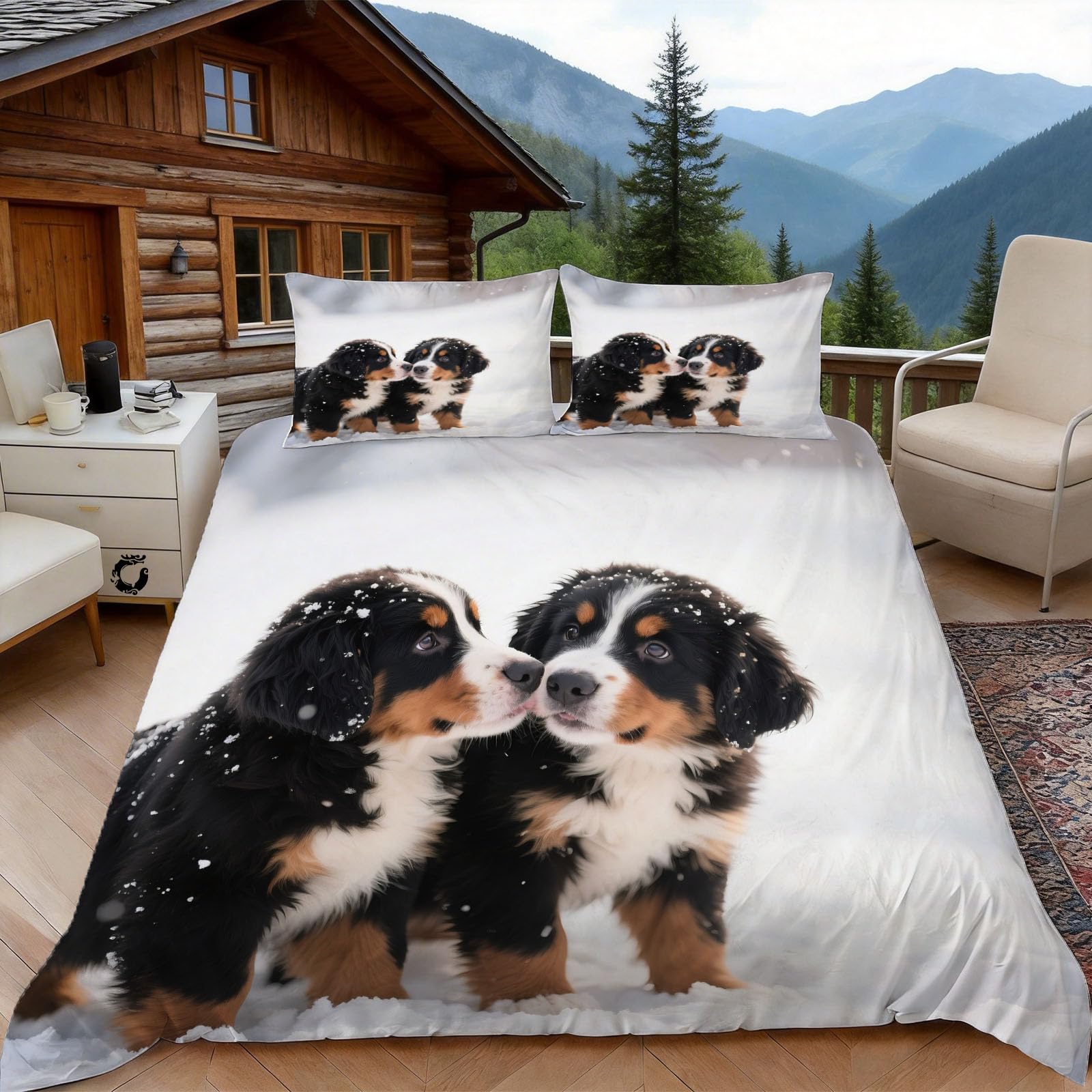 Housse de couette chiot bouvier bernois lit 2 personnes douceur sol enneigé