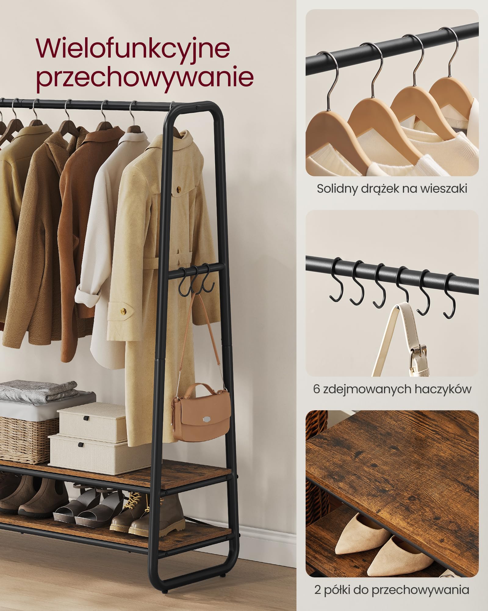 VASAGLE Wieszak na ubrania, szafa, 2 półki, 6 haczyków w kształcie litery S, rama stalowa, 45 x 138 x 160 cm, do sypialni, przedpokoju, wejścia, brązowo-czarny vintage RGR119B01