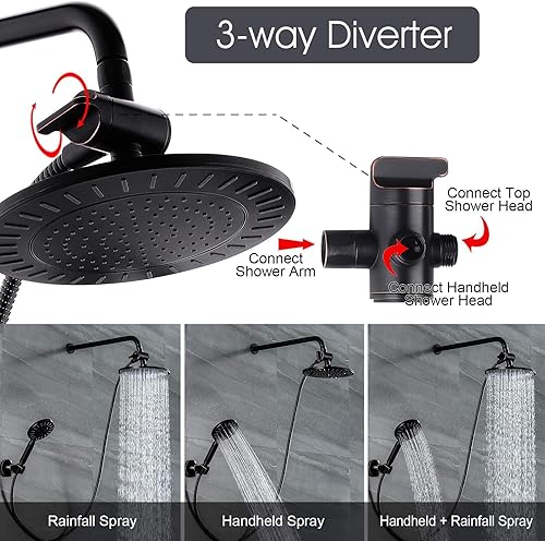 Miniatura 4 de BRIGHT SHOWERS Cabezal de ducha de lluvia redondo de 9 pulgadas, cabezal de ducha de lluvia de alta presión, válvula desviadora de brazo de ducha a