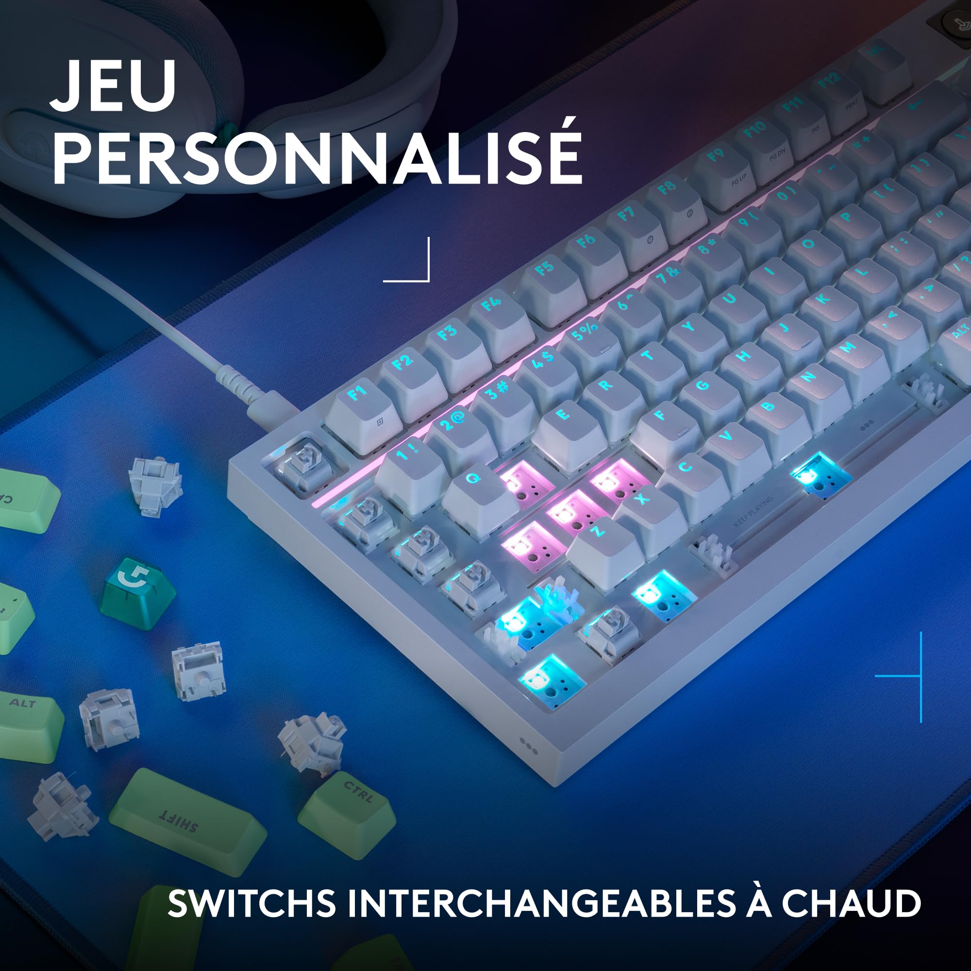 Logitech G G316 X 98, Clavier Gaming, 8 kHz, switchs tactiles Hot-Swap, Structure à Joint, Affichage LED matriciel & molette, Touches PBT Double Couche, USB-C, RVB LIGHTSYNC, PC, FRA AZERTY - Blanc